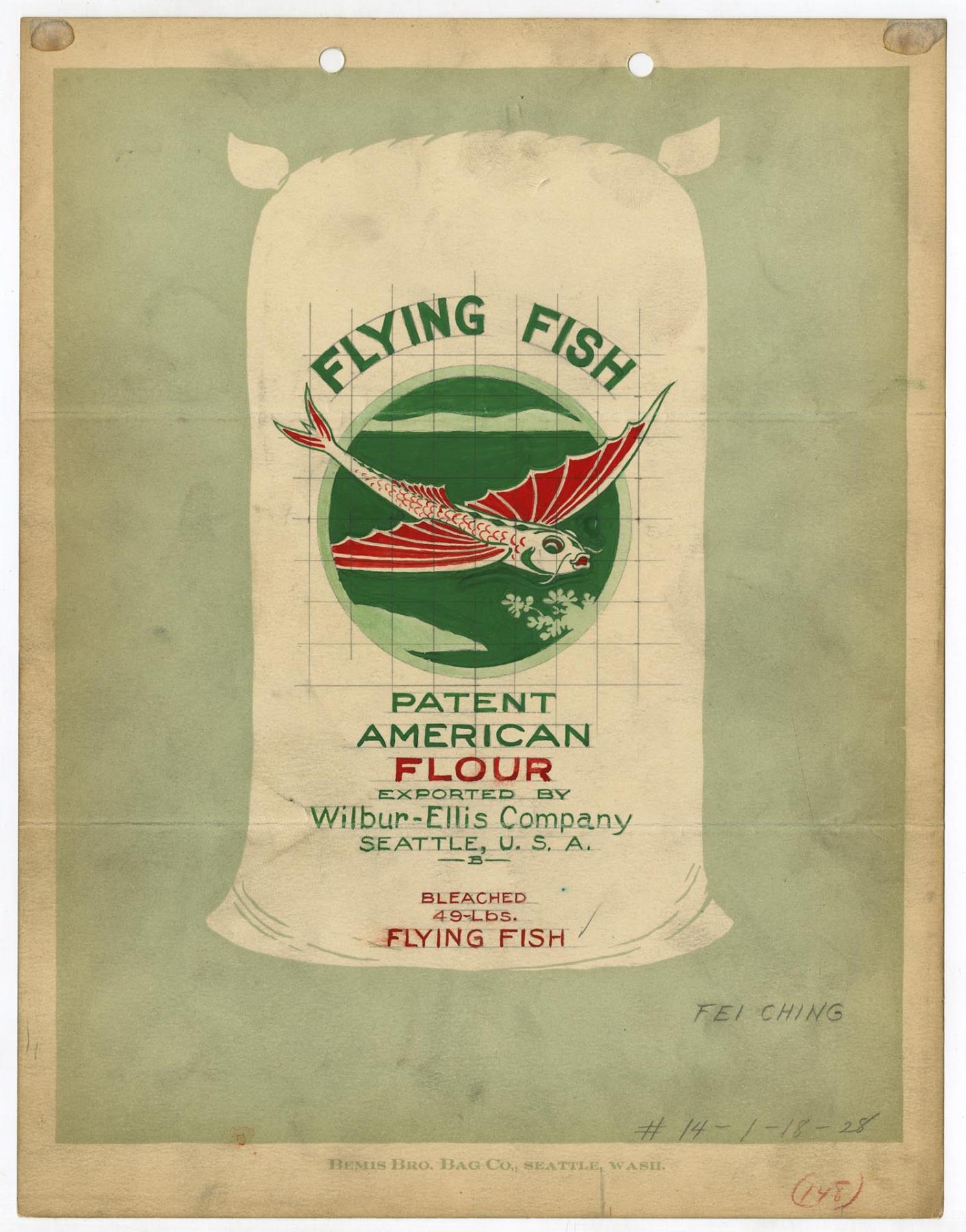 Image of Flying Fish flour bag design, 1928