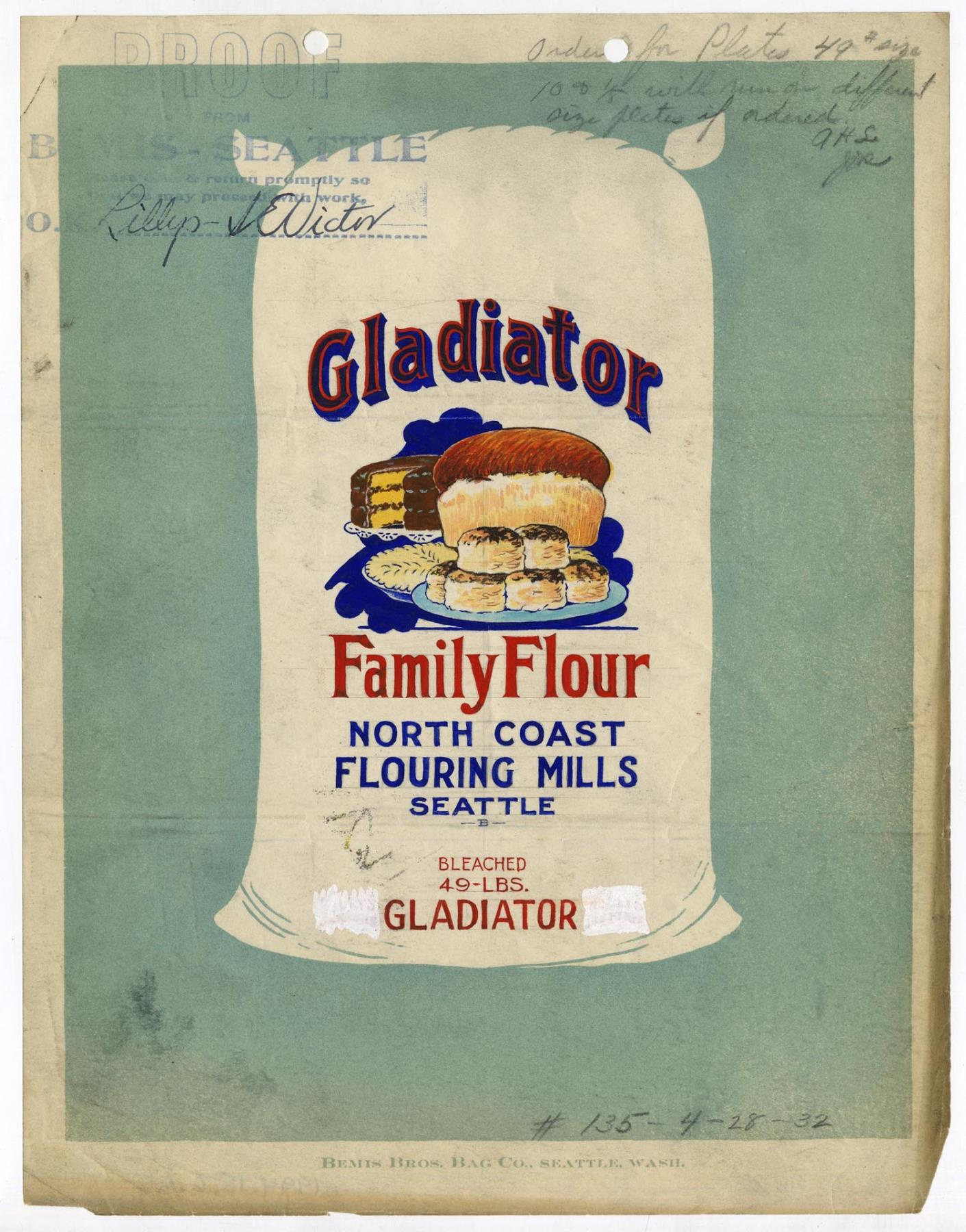 Image of Gladiator flour bag design, 1932