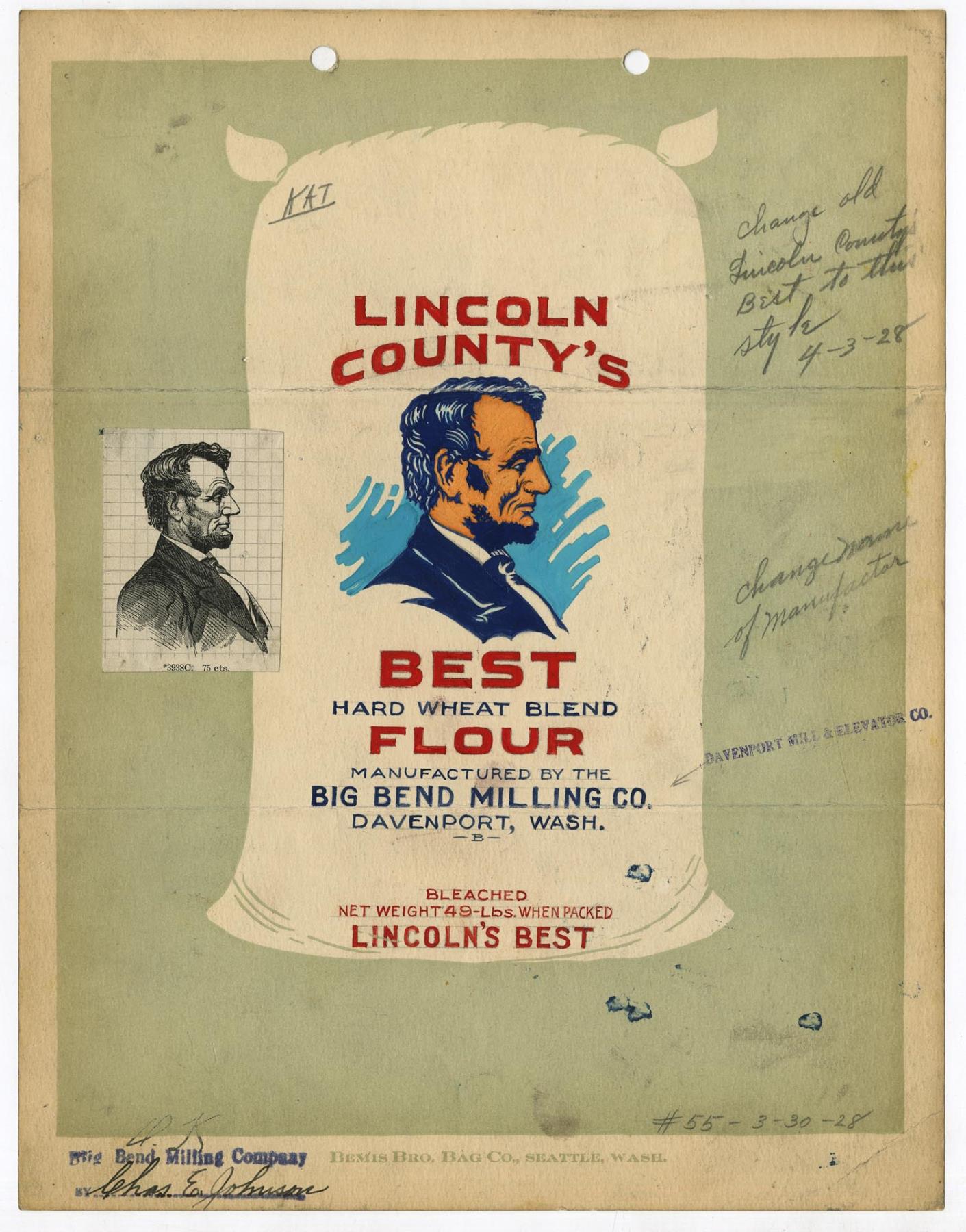 Image of Lincoln County's Best flour bag design, 1928