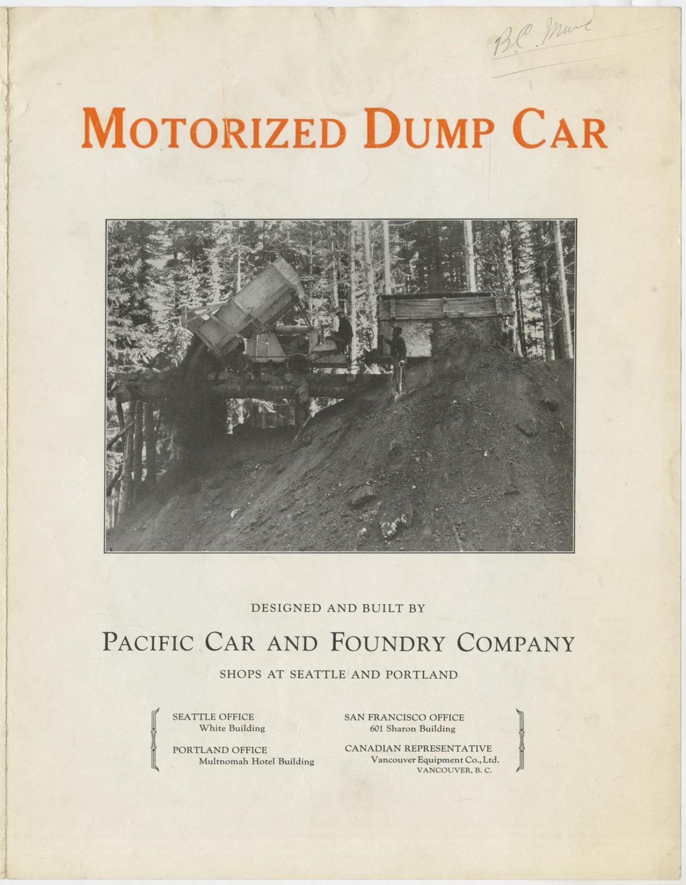 Image of Pacific Car & Foundry brochure for a motorized dump car, ca. 1926