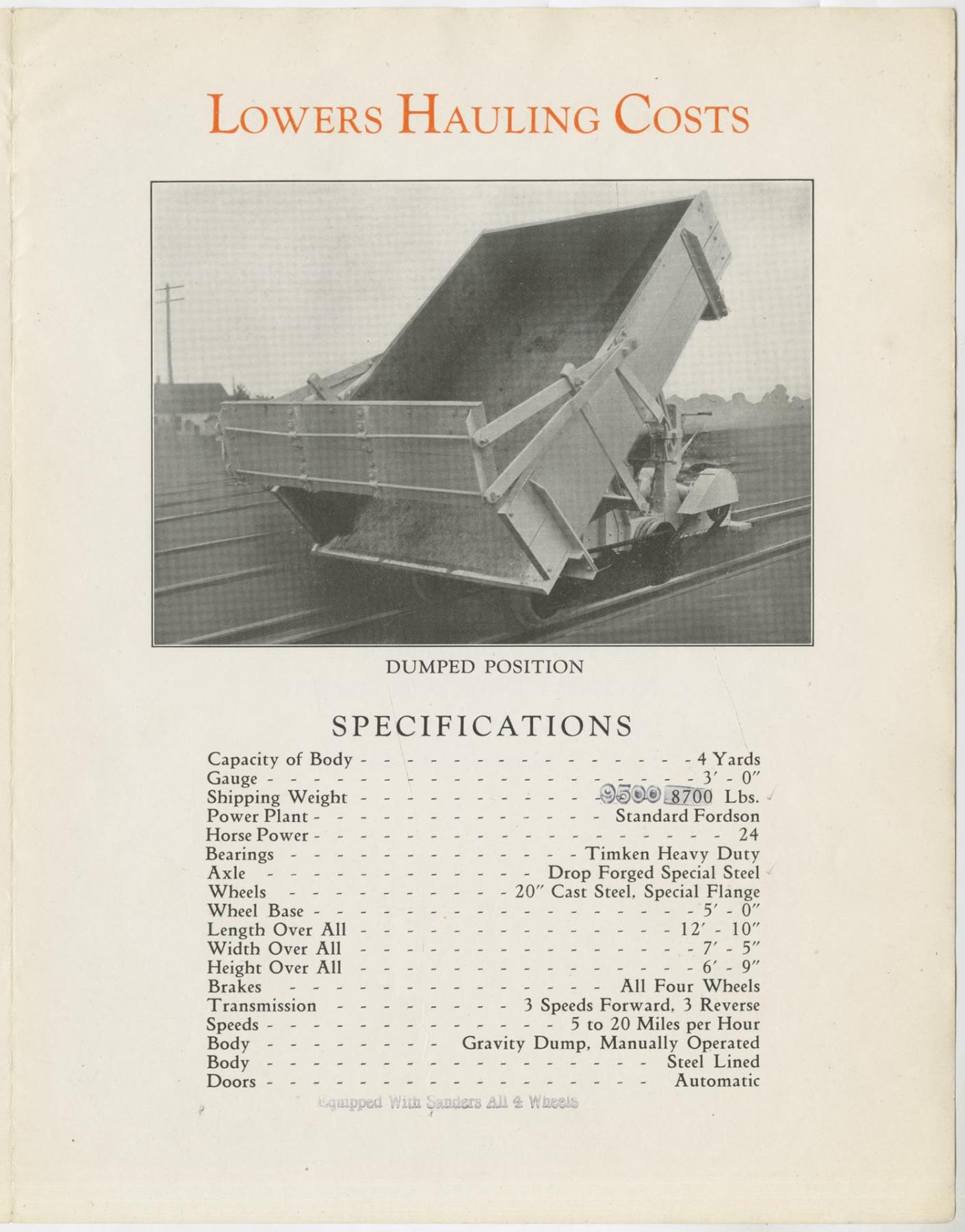 Image of Pacific Car & Foundry brochure for a motorized dump car, ca. 1926