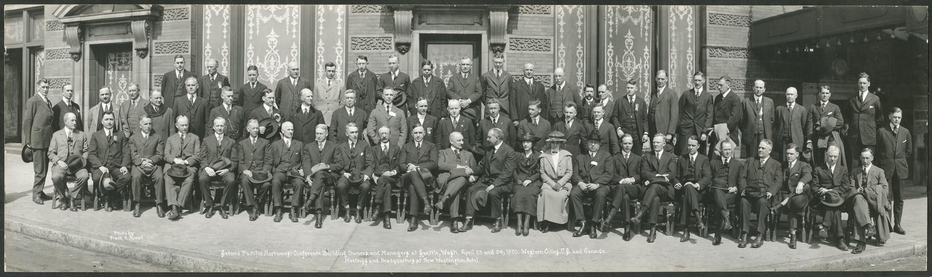 Image of Building Owners and Managers Conference delegates outside New Washington Hotel, Seattle, April 1920