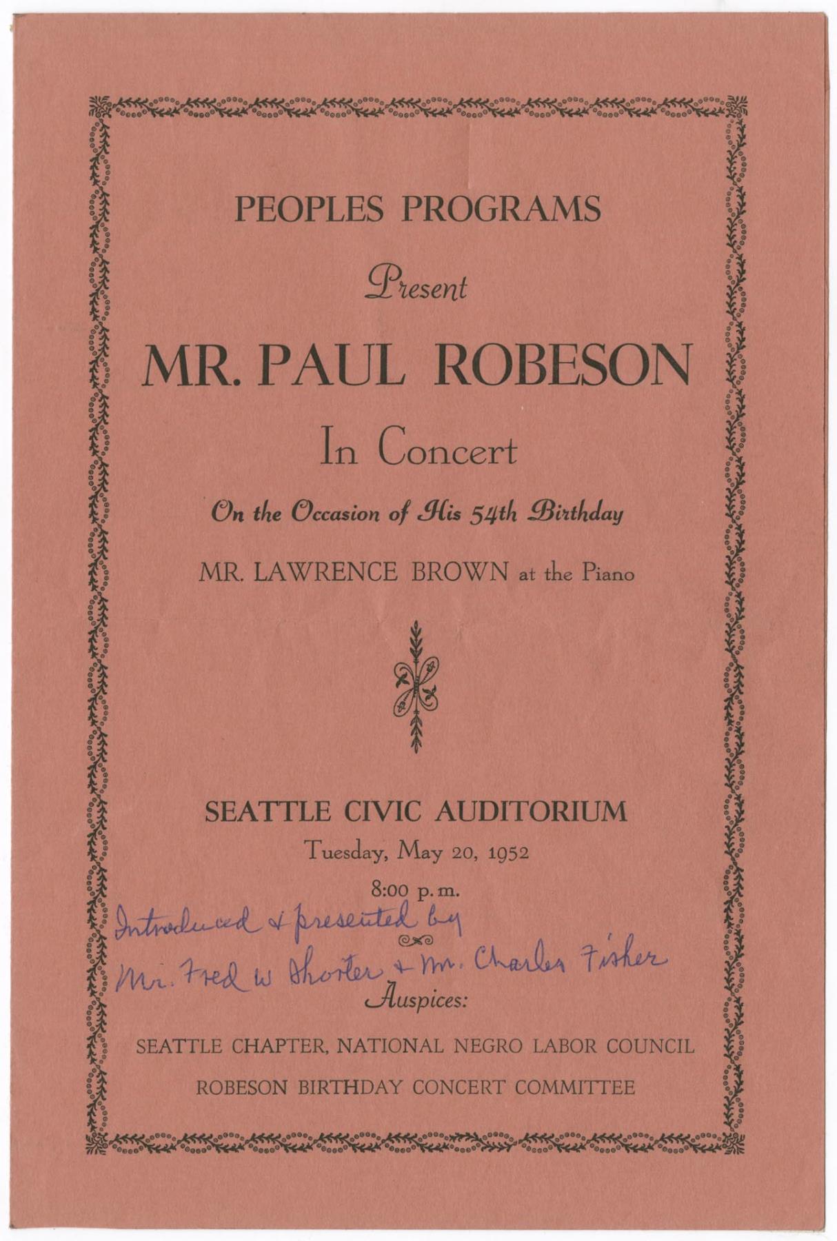 Image of Program for Paul Robeson concert at Seattle Civic Auditorium, May 20, 1952