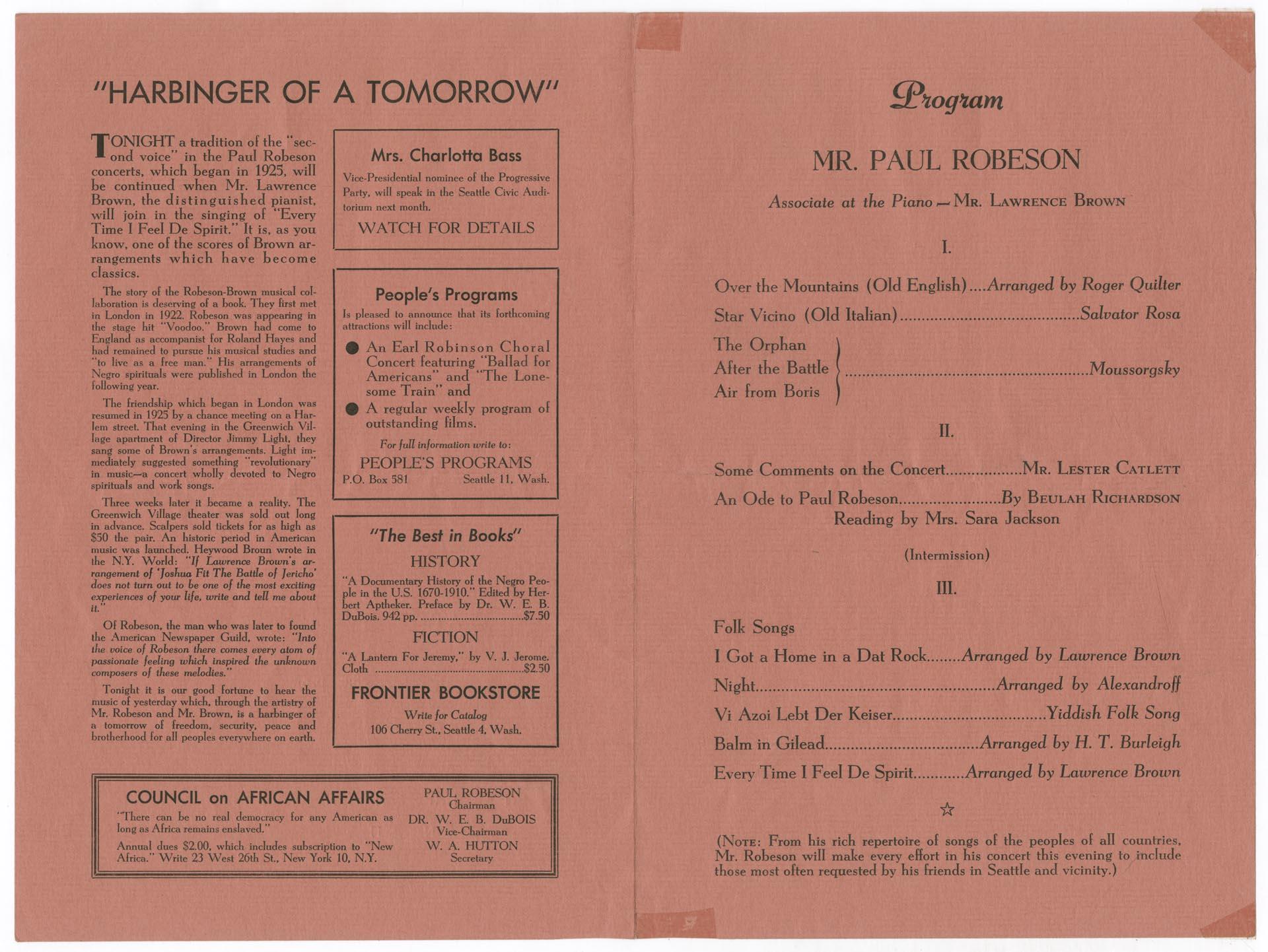 Image of Program for Paul Robeson concert at Seattle Civic Auditorium, May 20, 1952