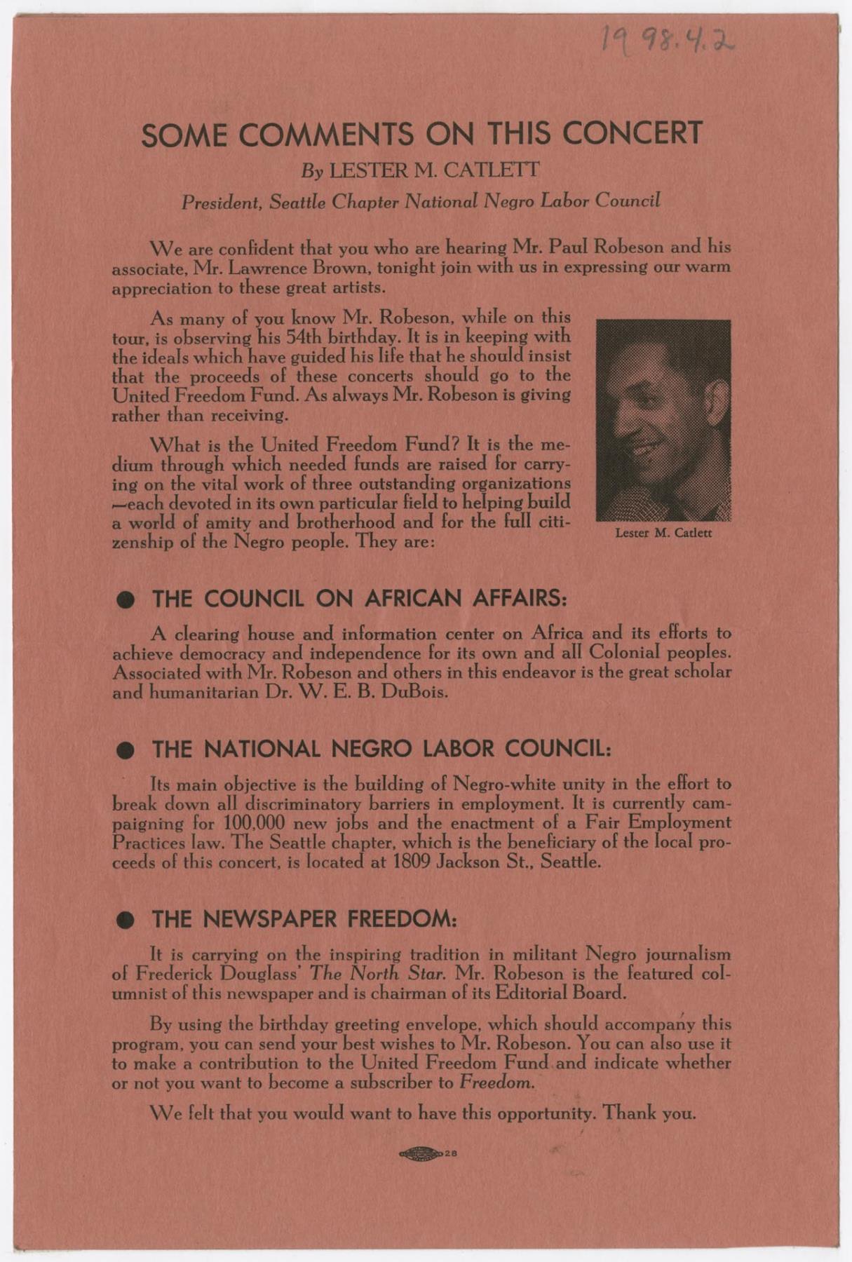Image of Program for Paul Robeson concert at Seattle Civic Auditorium, May 20, 1952