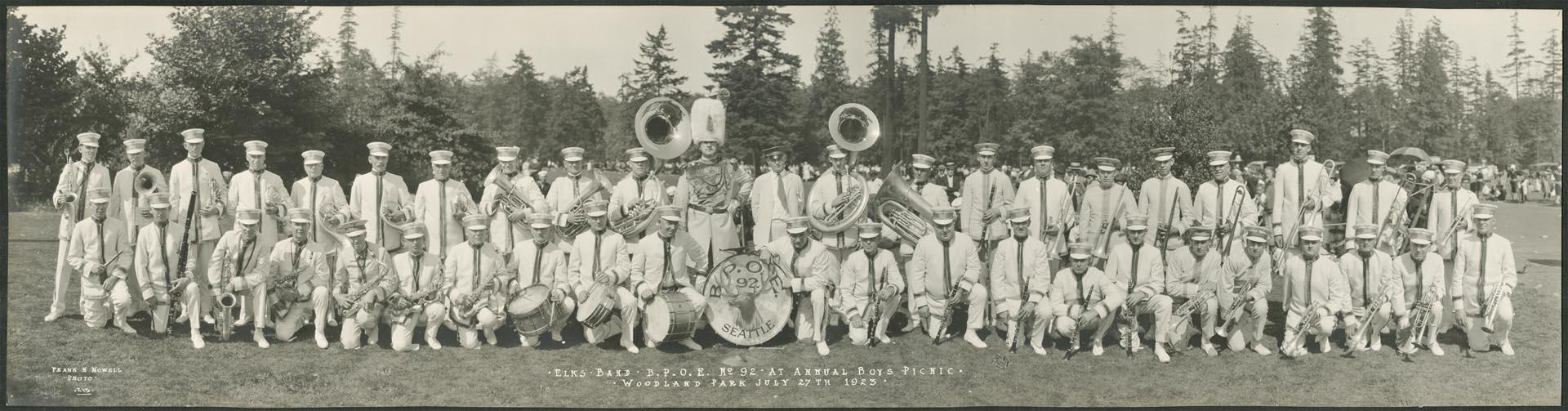 Image of Seattle Elks band at Boys Picnic, Woodland Park, 1923