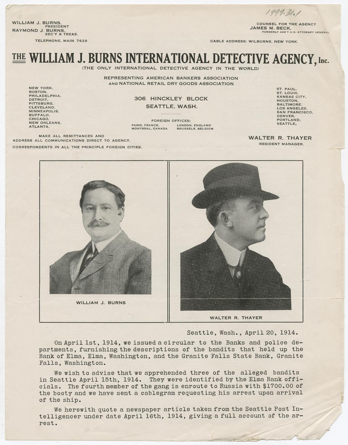 Image of William J. Burns International Detective Agency circular, April 20, 1914