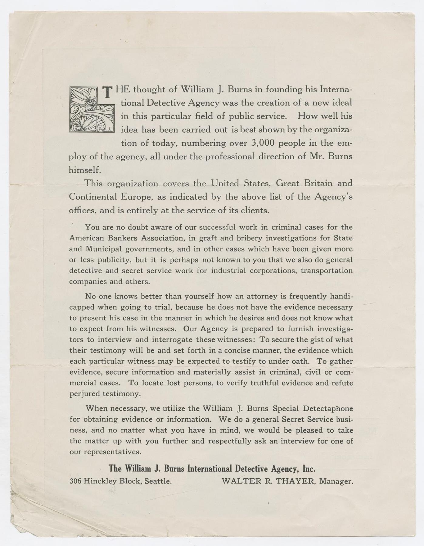 Image of William J. Burns International Detective Agency circular, April 20, 1914
