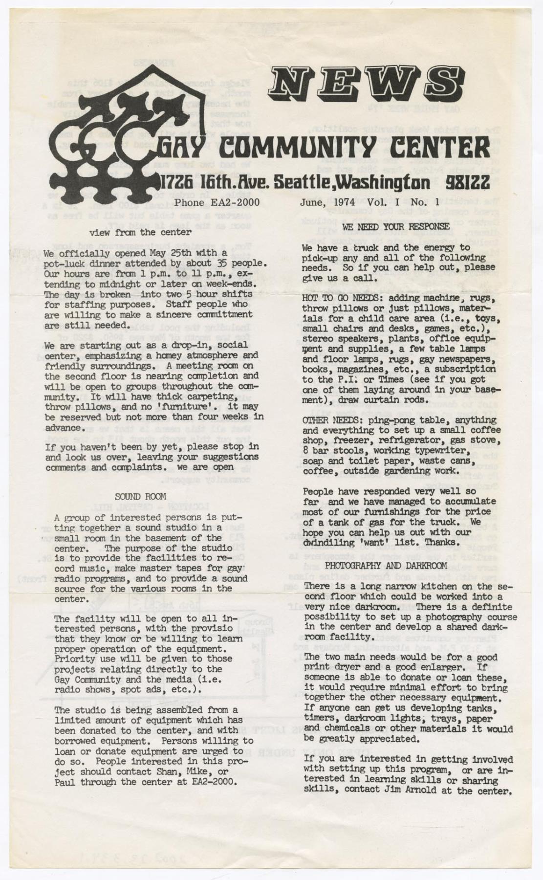 Image of Gay Community Center News, Vol. I, No. 1, June 1974