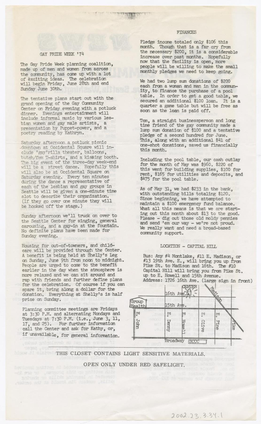 Image of Gay Community Center News, Vol. I, No. 1, June 1974