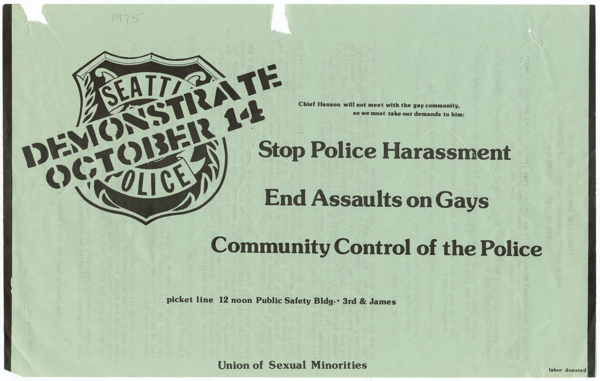 Image of Flier for Union of Sexual Minorities picket line, October 14, 1975