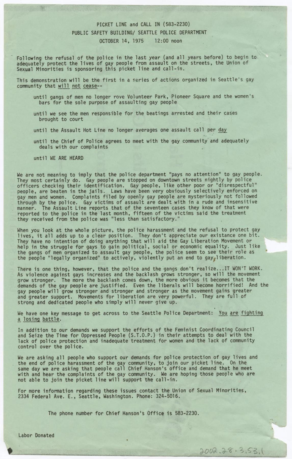 Image of Flier for Union of Sexual Minorities picket line, October 14, 1975