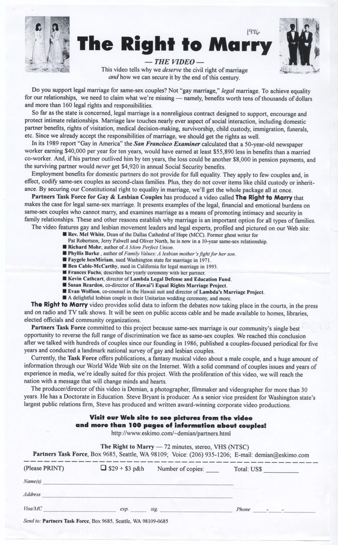 Image of The Right to Marry order form, 1996