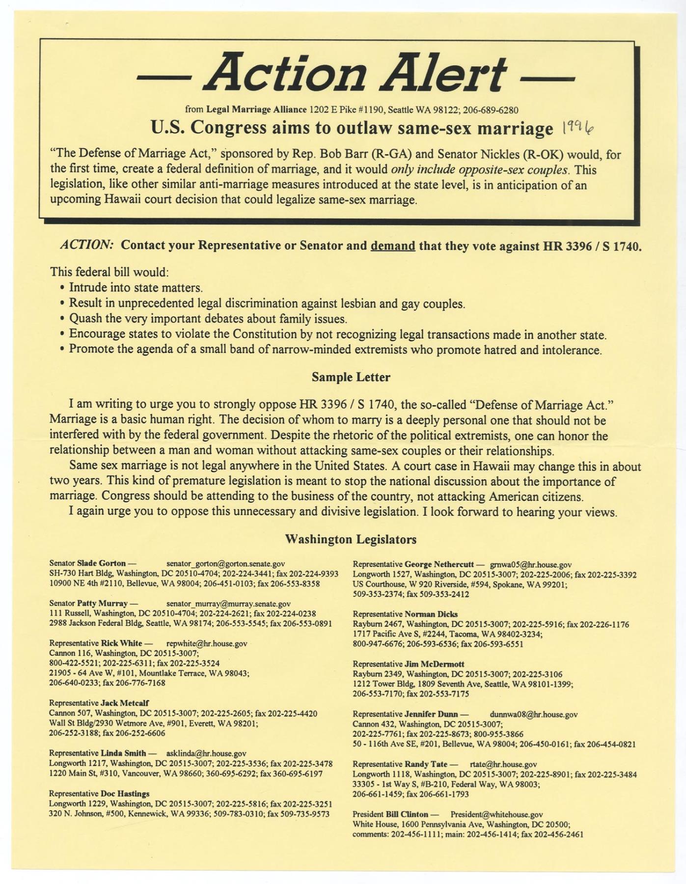 Image of Action Alert: U.S. Congress aims to outlaw same-sex marriage, 1996