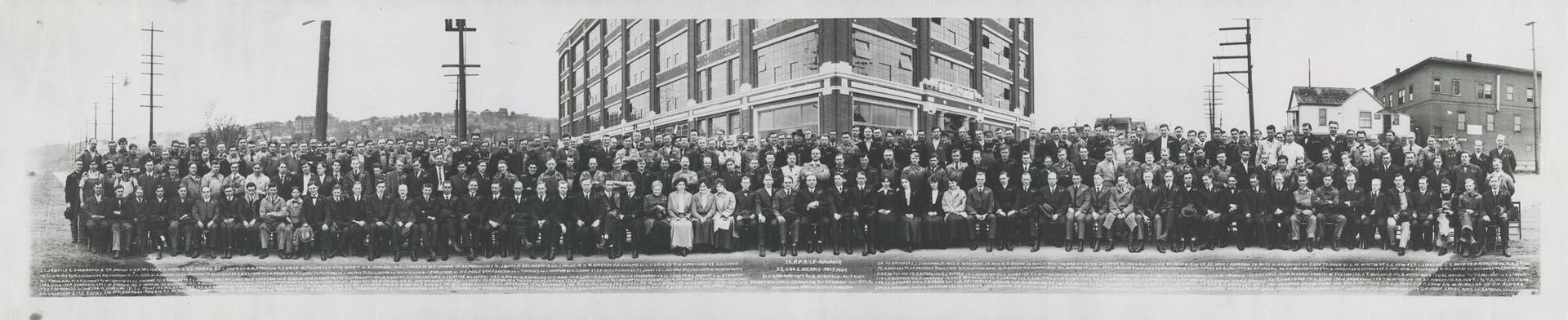Image of Ford employees posed outside at South Lake Union assembly plant, Seattle, 1916