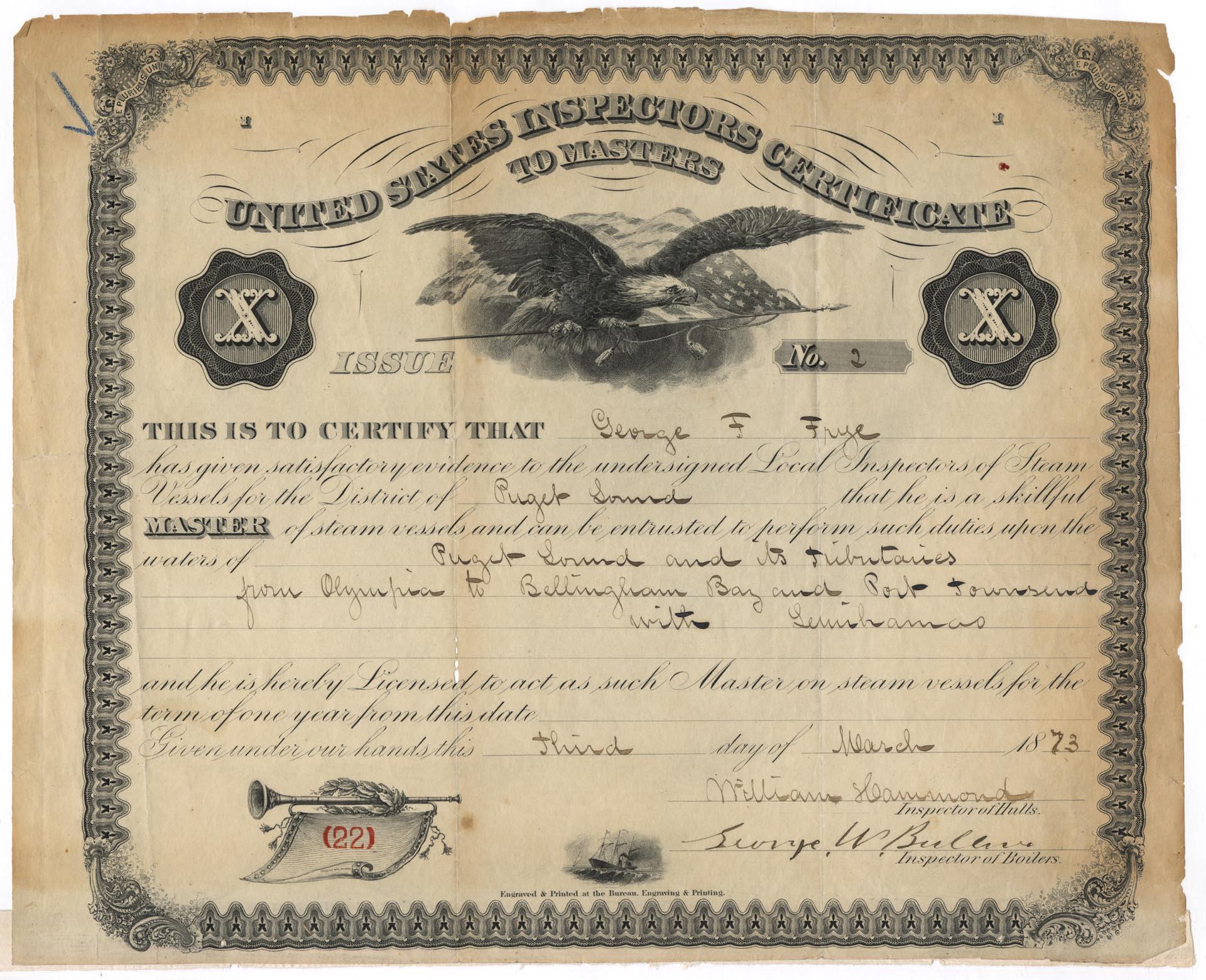 Image of George F. Frye Master of Steam Vessels Certificate, 1873