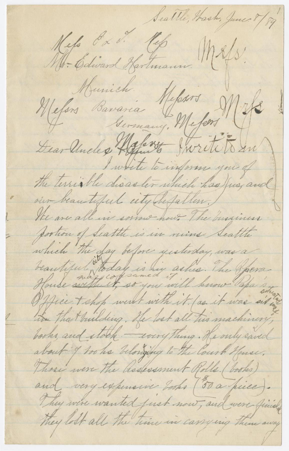 Image of Helen Anthony letter regarding the Great Seattle Fire, June 8, 1889