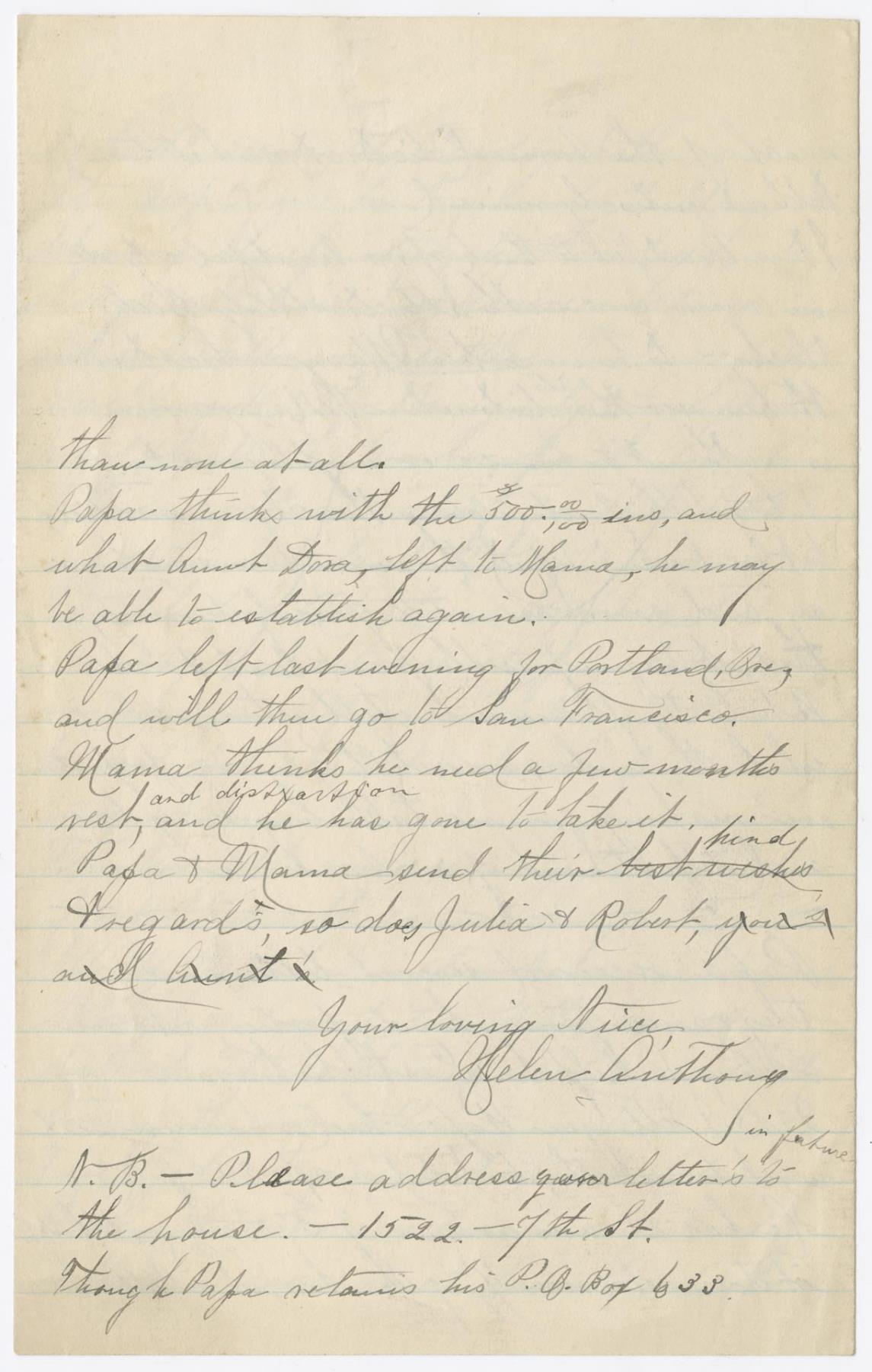 Image of Helen Anthony letter regarding the Great Seattle Fire, June 8, 1889