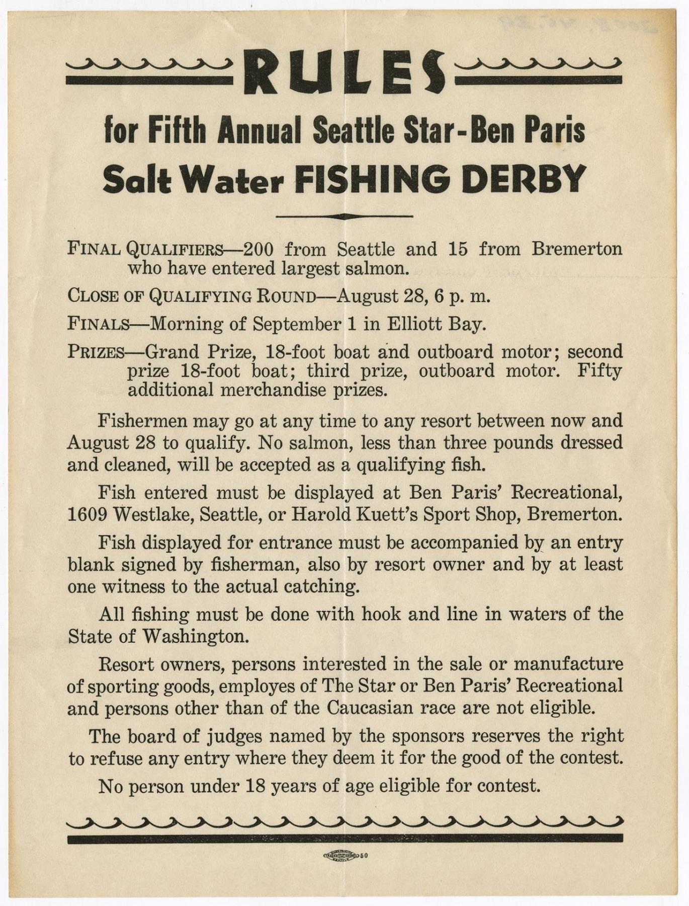 Image of Ben Paris fishing derby rules, 1936