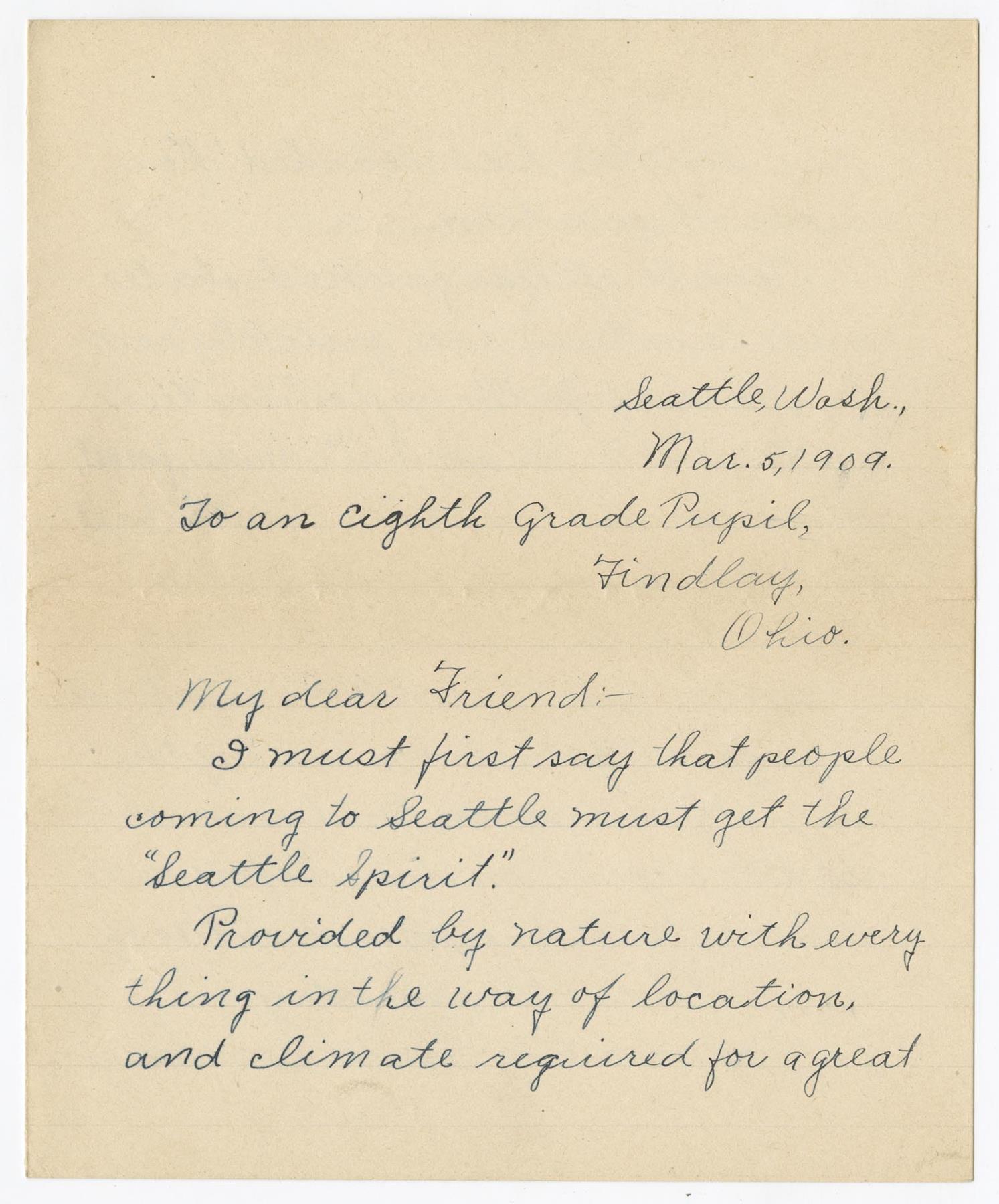 Image of Letter written by Seattle student promoting the AYPE, March 5, 1909