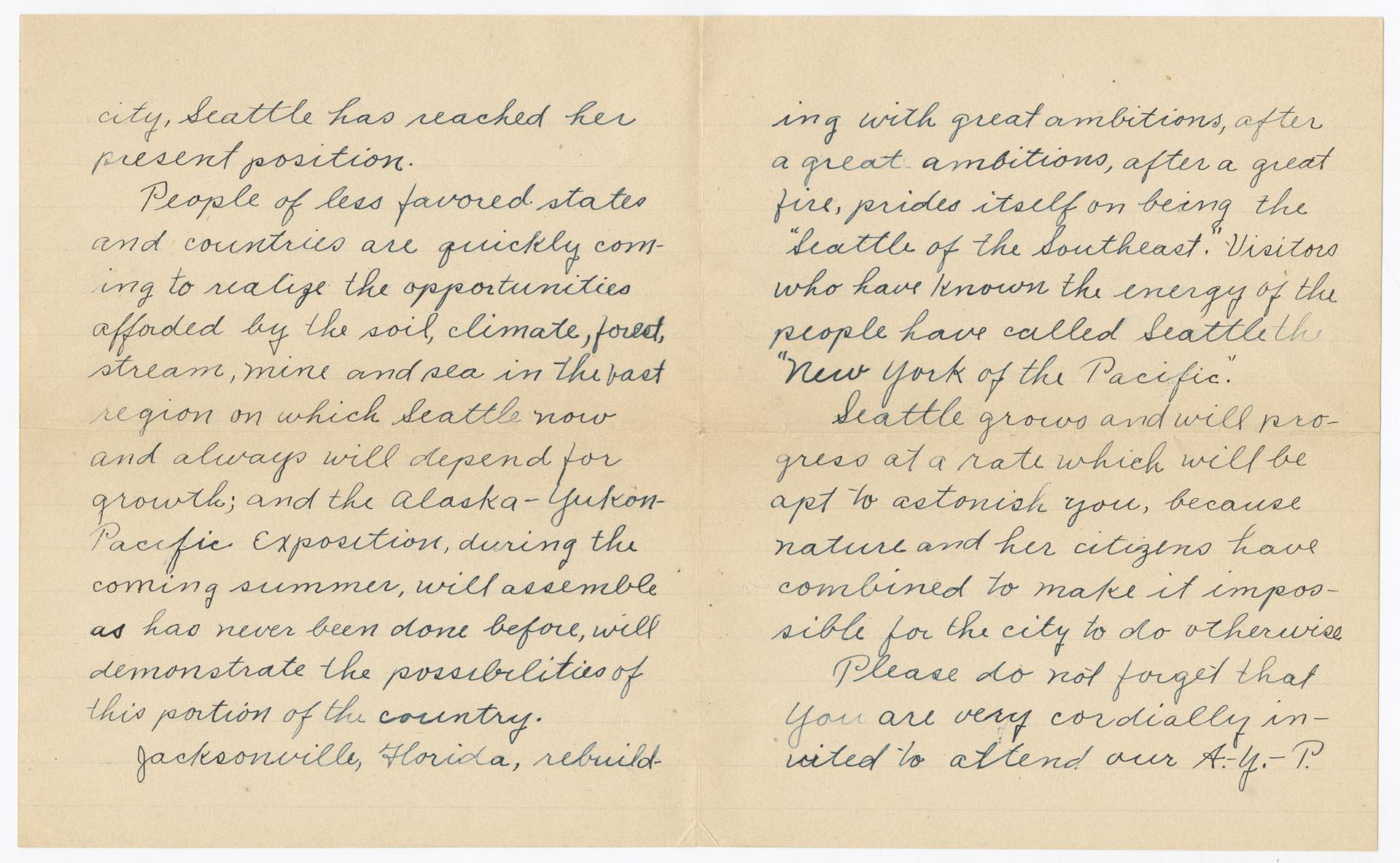 Image of Letter written by Seattle student promoting the AYPE, March 5, 1909
