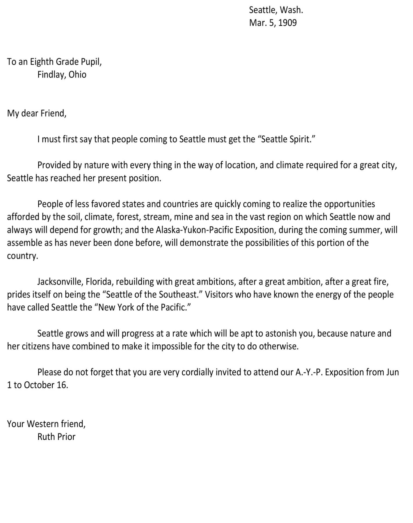 Image of Letter written by Seattle student promoting the AYPE, March 5, 1909