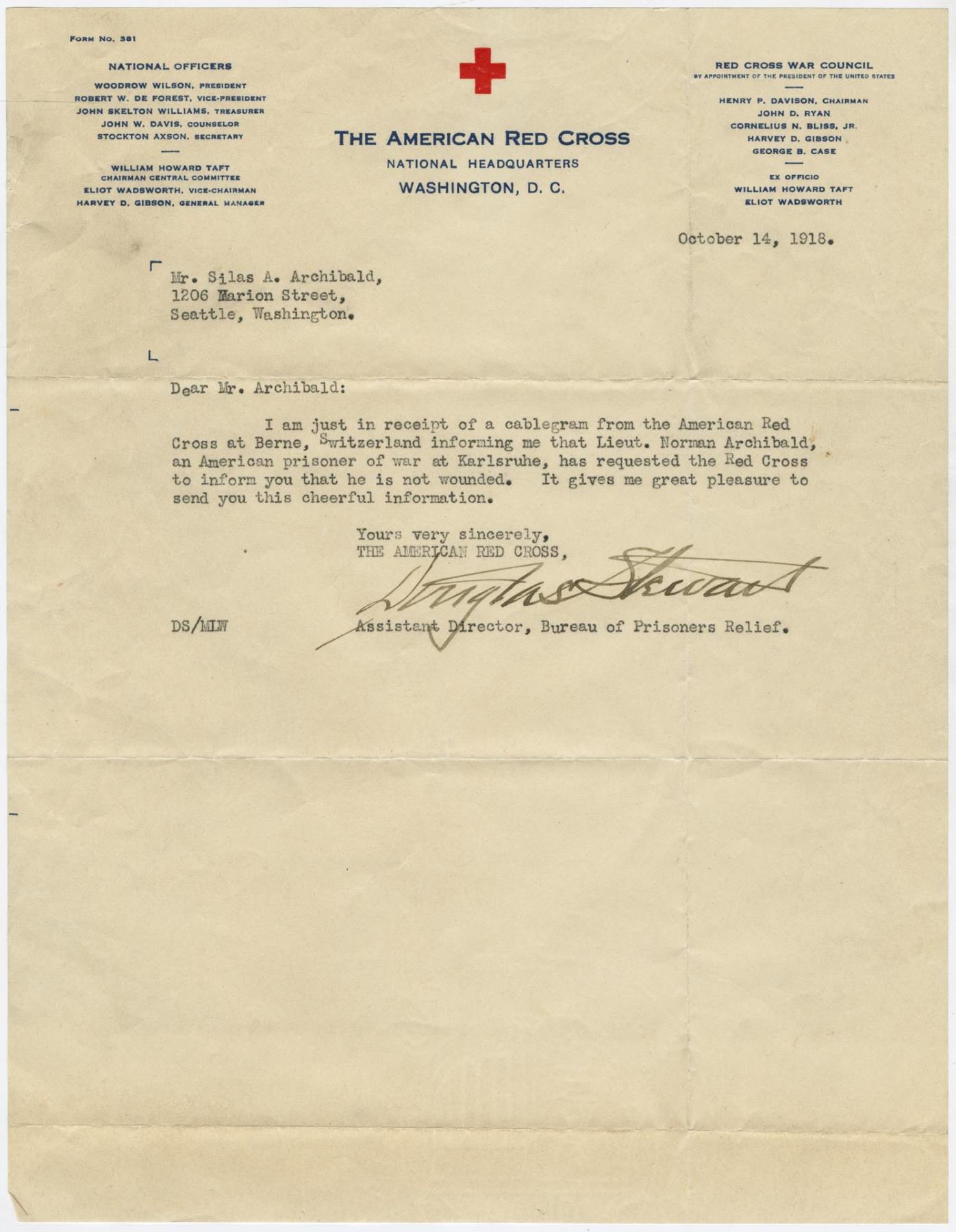 Image of Letter from the Red Cross to Silas Archibald, Washington DC, October 14, 1918