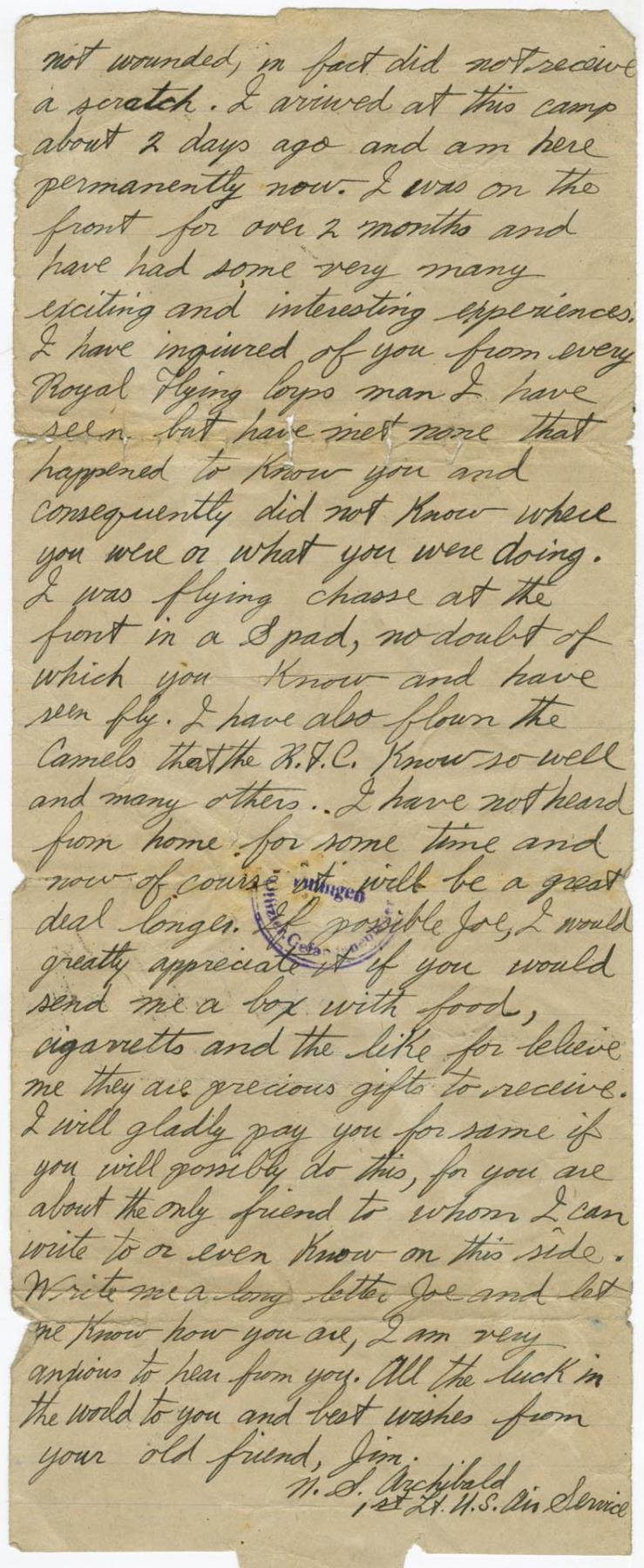 Image of Letter from Jim Archibald to Joseph Waterhouse, October 10, 1918