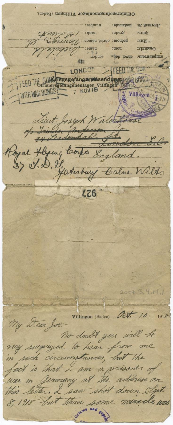 Image of Letter from Jim Archibald to Joseph Waterhouse, October 10, 1918