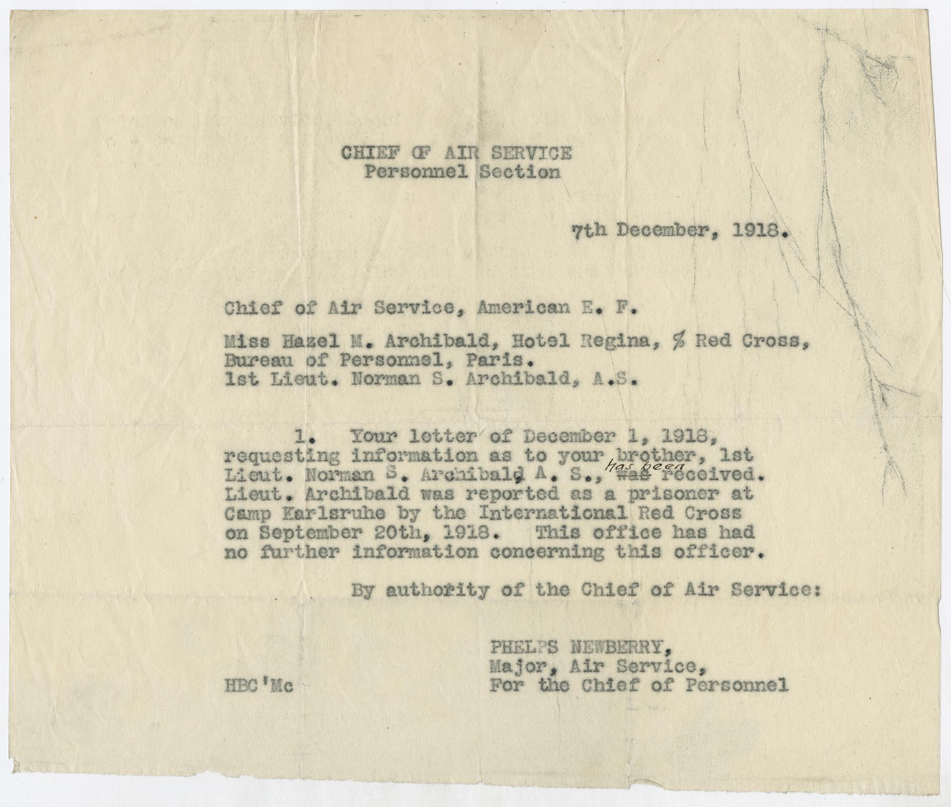 Image of Letter to Hazel Archibald from Phelps Newberry, December 7, 1918