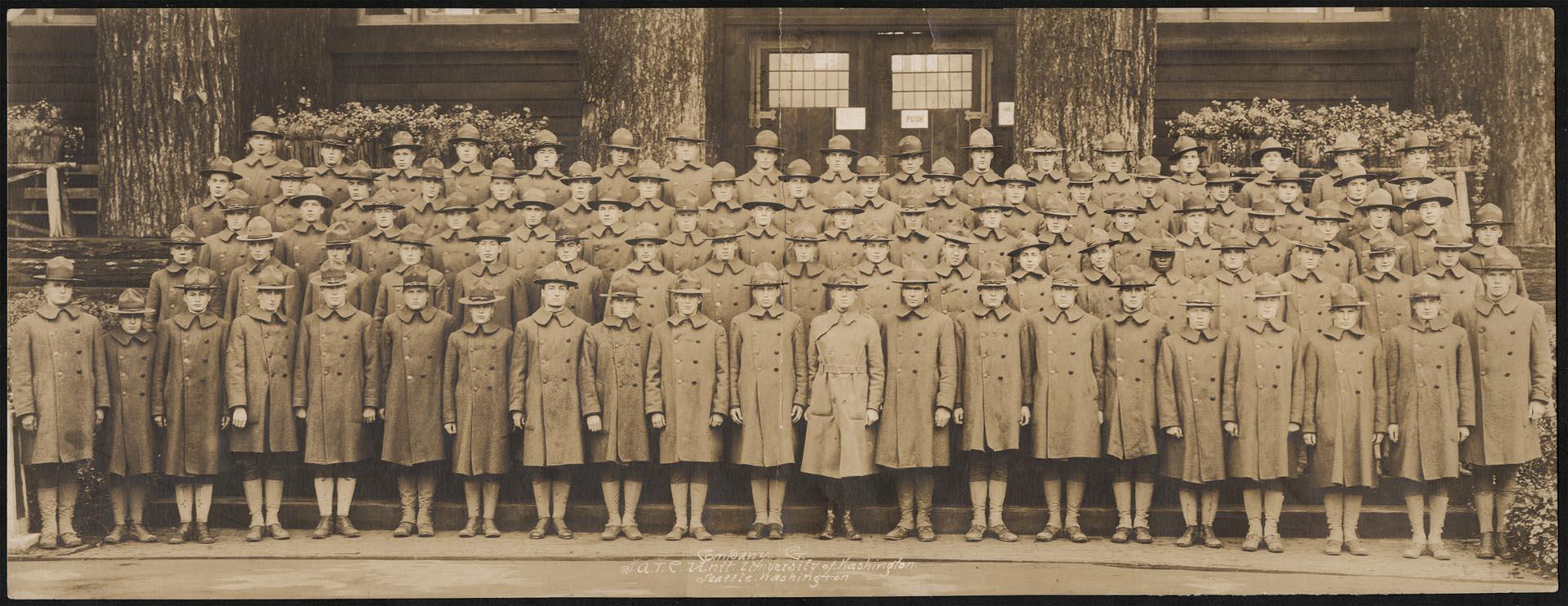 Image of Students’ Army Training Corps group on steps of Washington State Museum, University of Washington campus, 1918