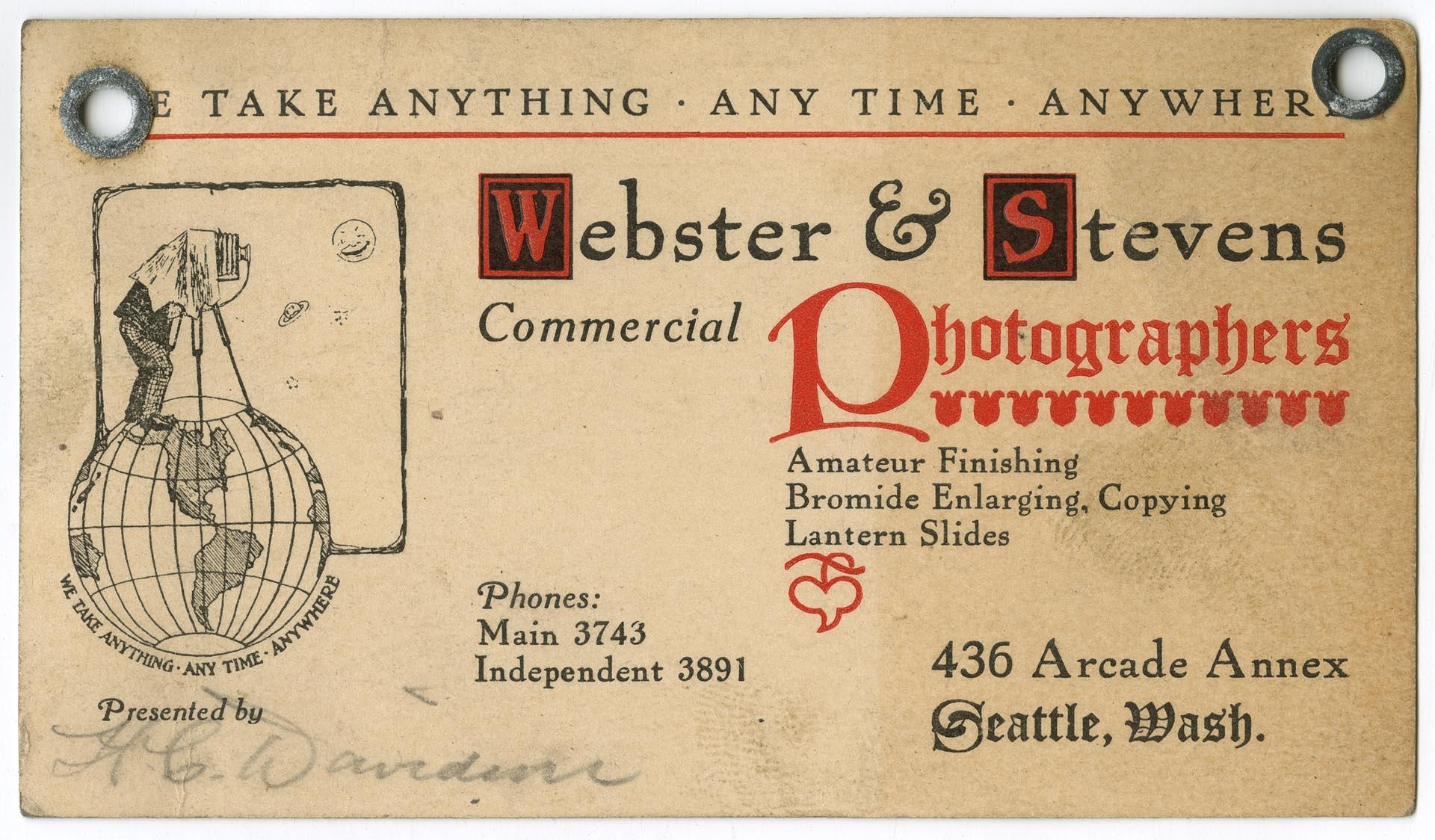 Image of Webster & Stevens business card, circa 1925