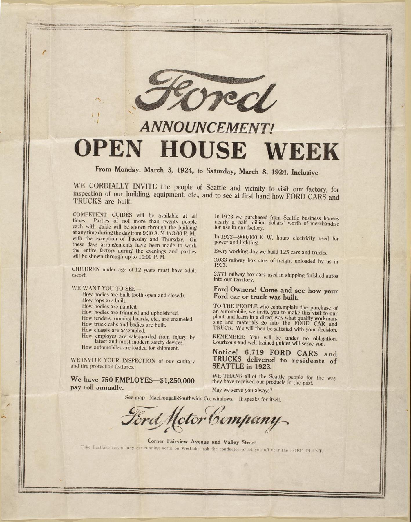 Image of Ford Motor Company open house ad, Seattle, March 1924