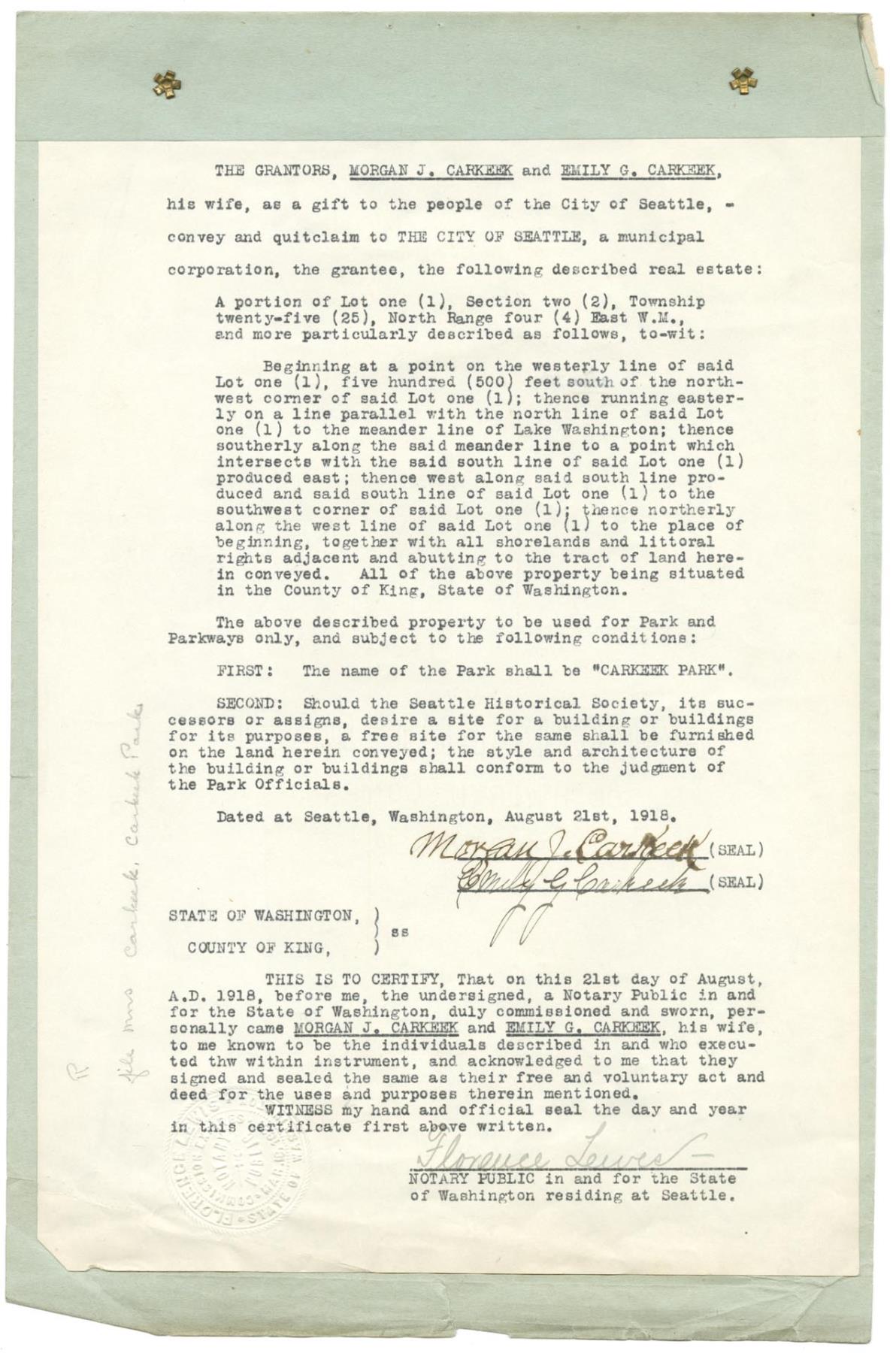 Image of Deed to City of Seattle for Carkeek Park property, Seattle, August 21, 1918