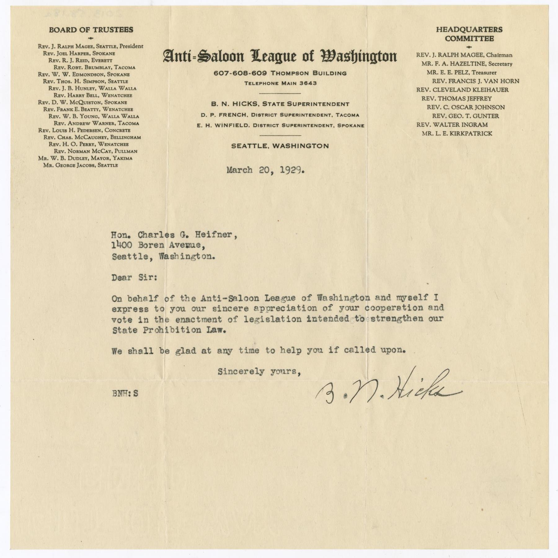 Image of Letter from B. N. Hicks to Charles Heifner, March 20, 1929