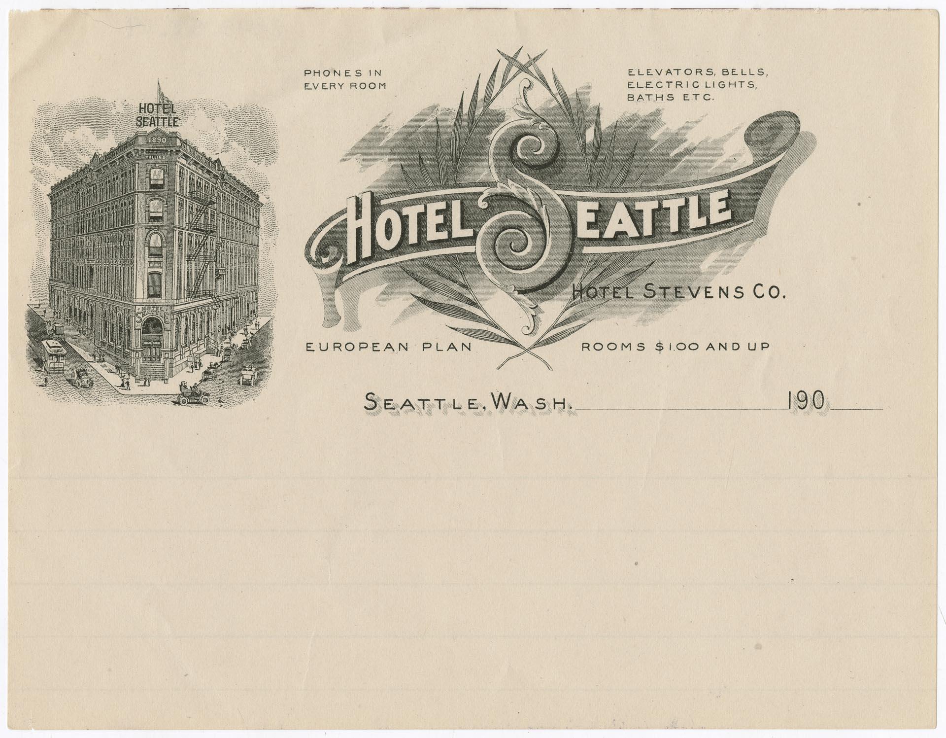 Image of Notepaper from Hotel Seattle, circa 1905