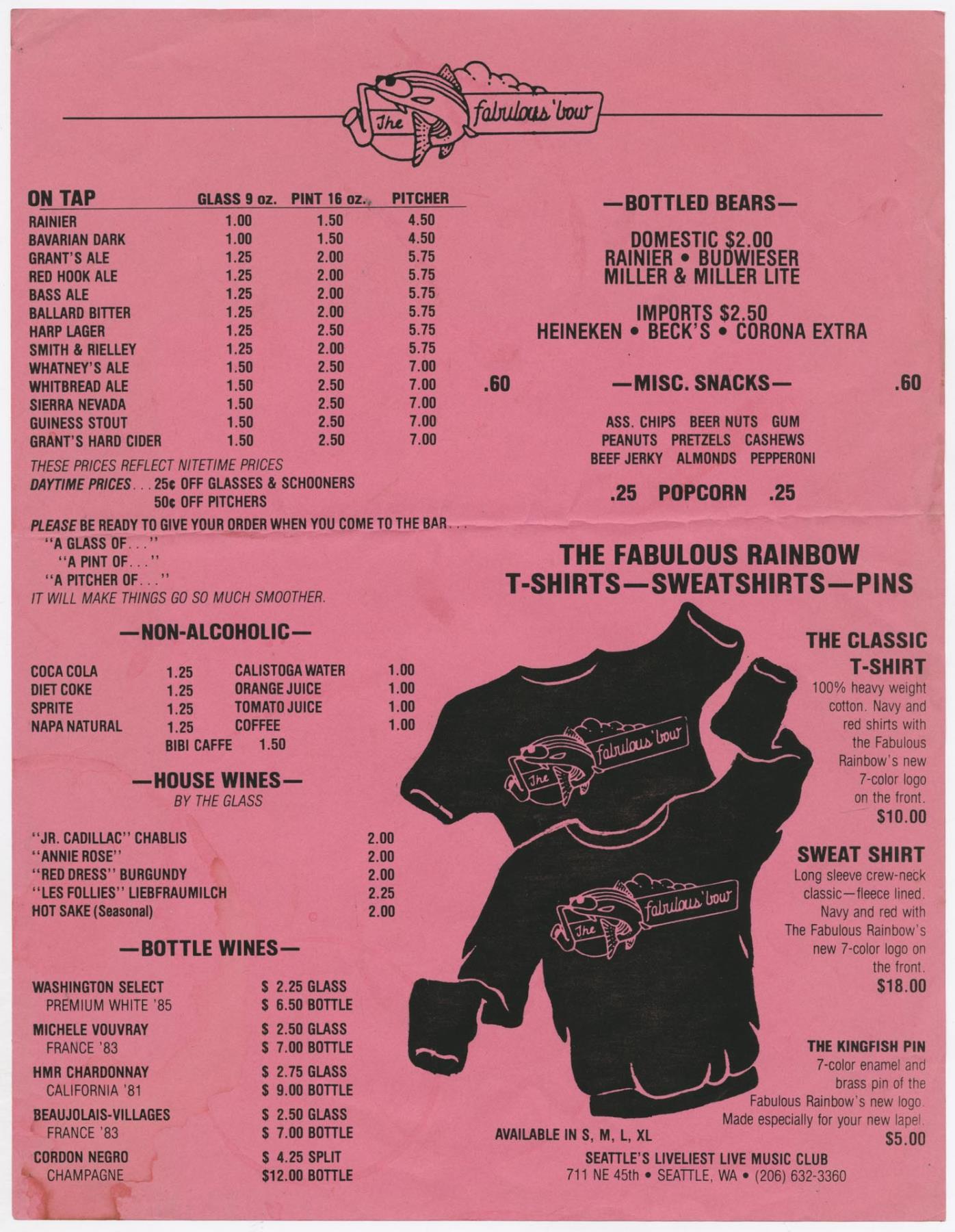 Image of Rainbow Tavern menu, circa 1980