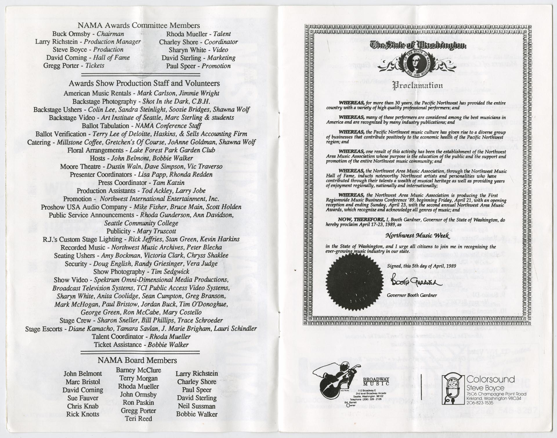 Image of Northwest Area Music Awards program, April 1989