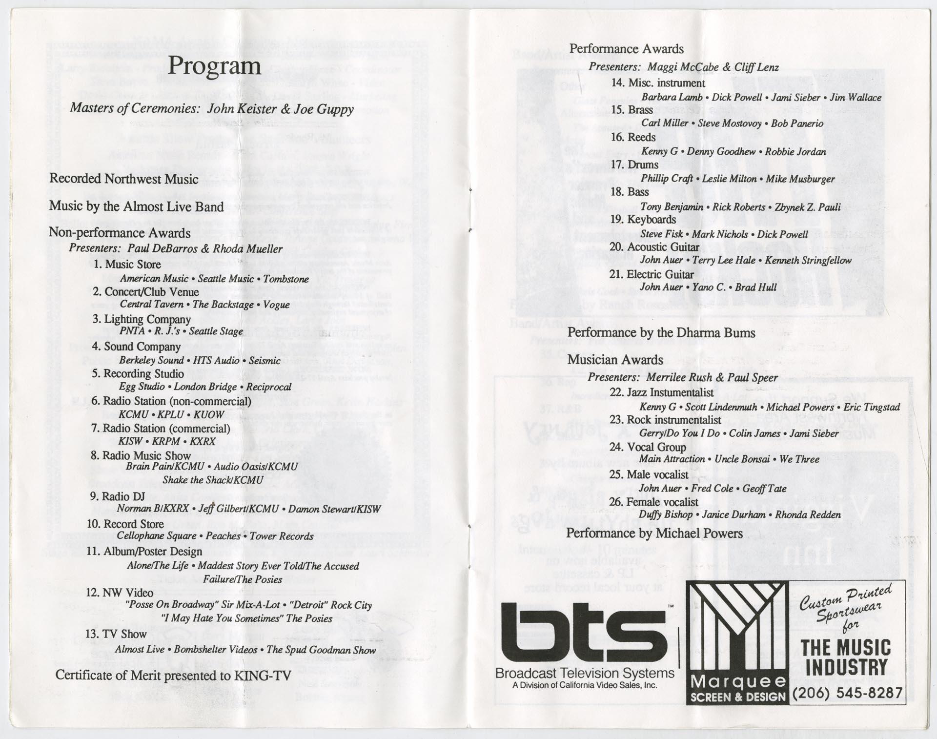 Image of Northwest Area Music Awards program, April 1989