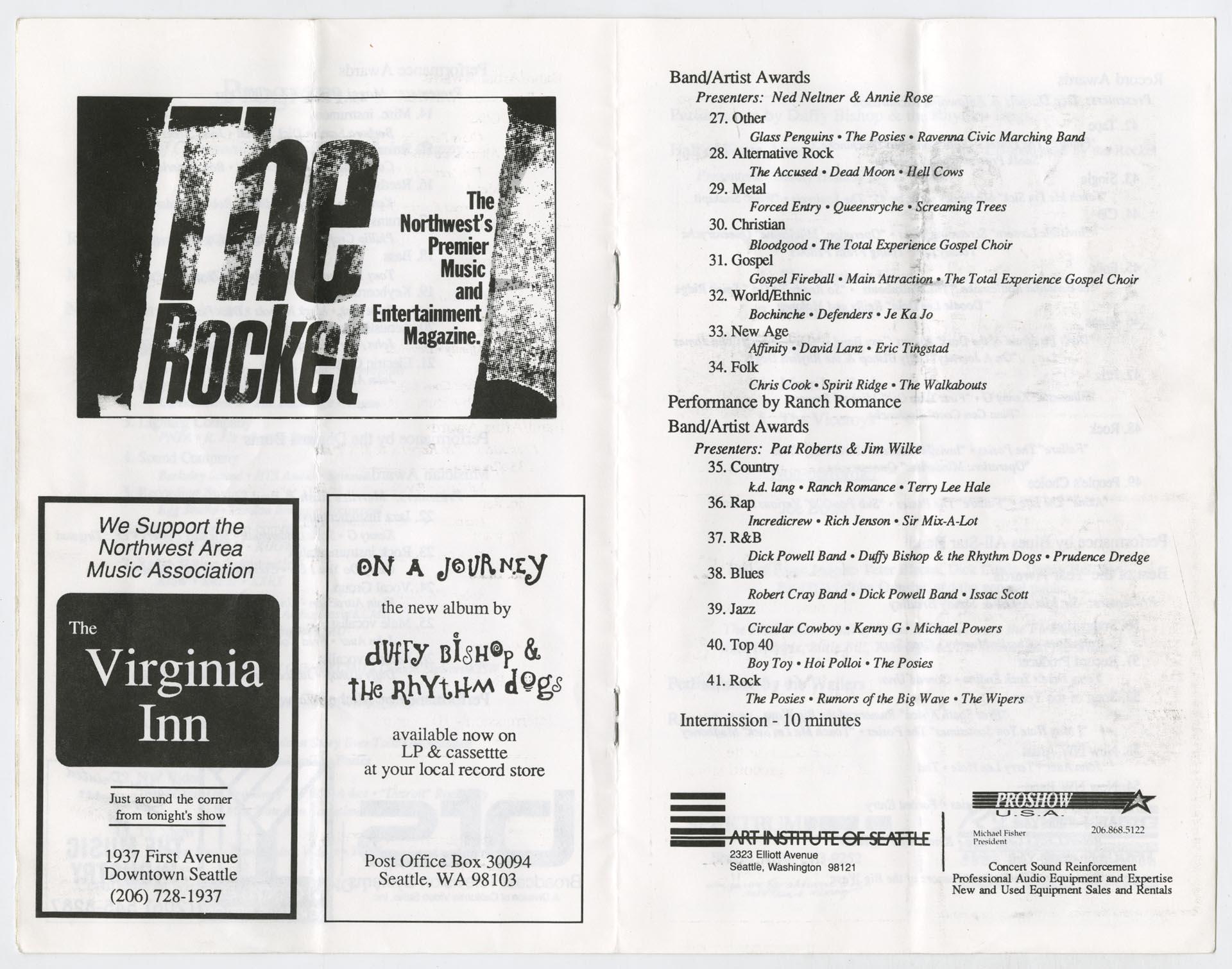 Image of Northwest Area Music Awards program, April 1989