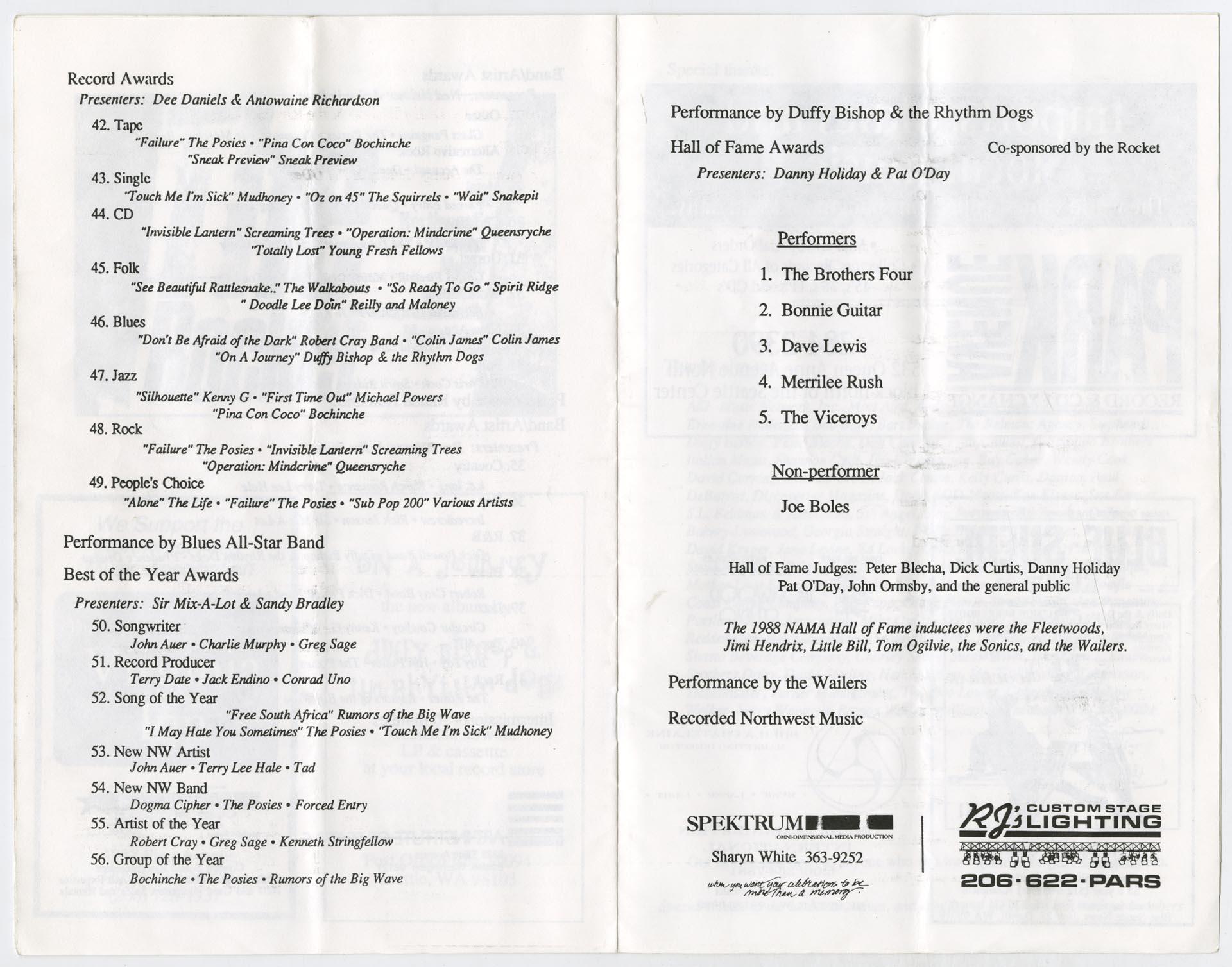 Image of Northwest Area Music Awards program, April 1989