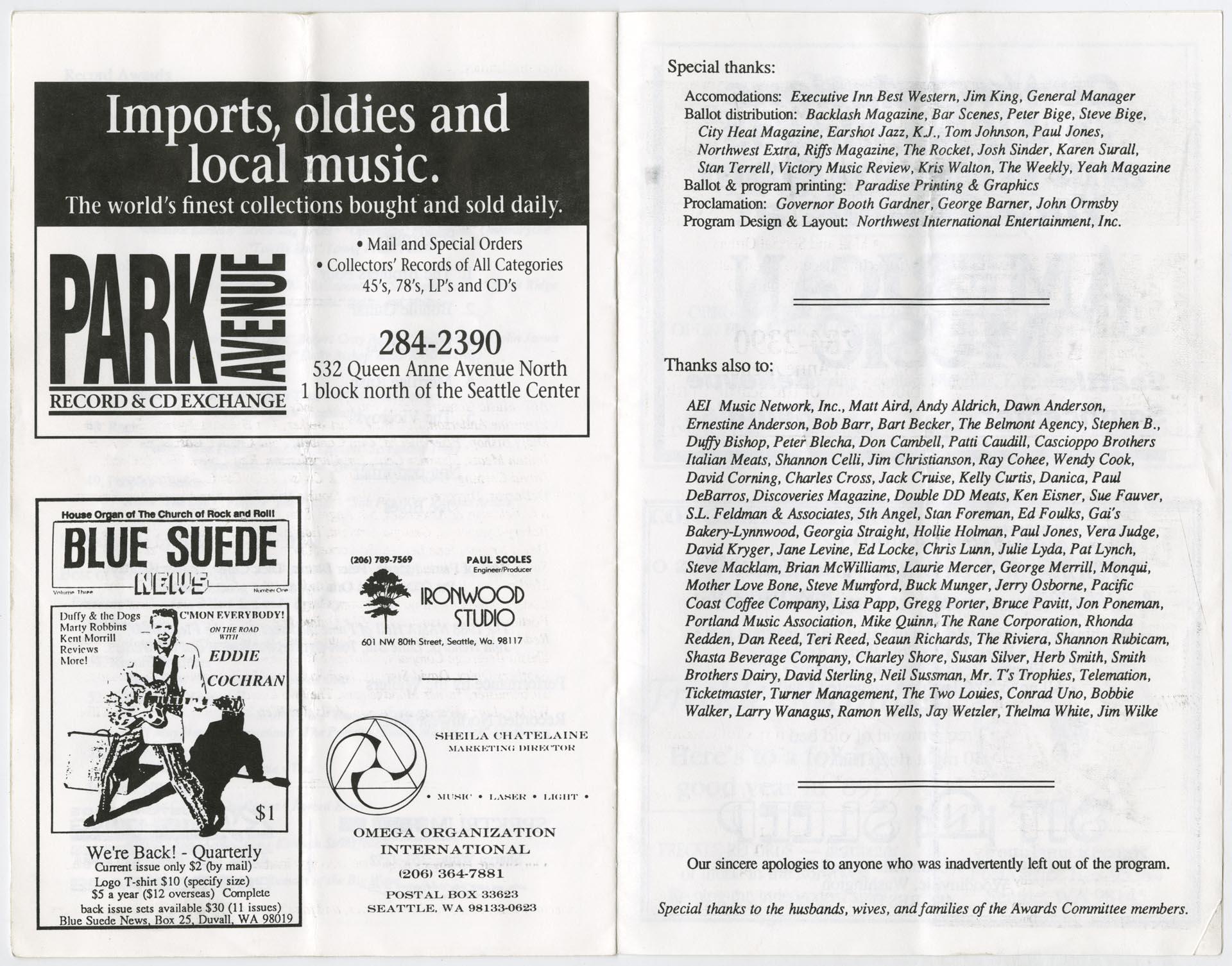 Image of Northwest Area Music Awards program, April 1989