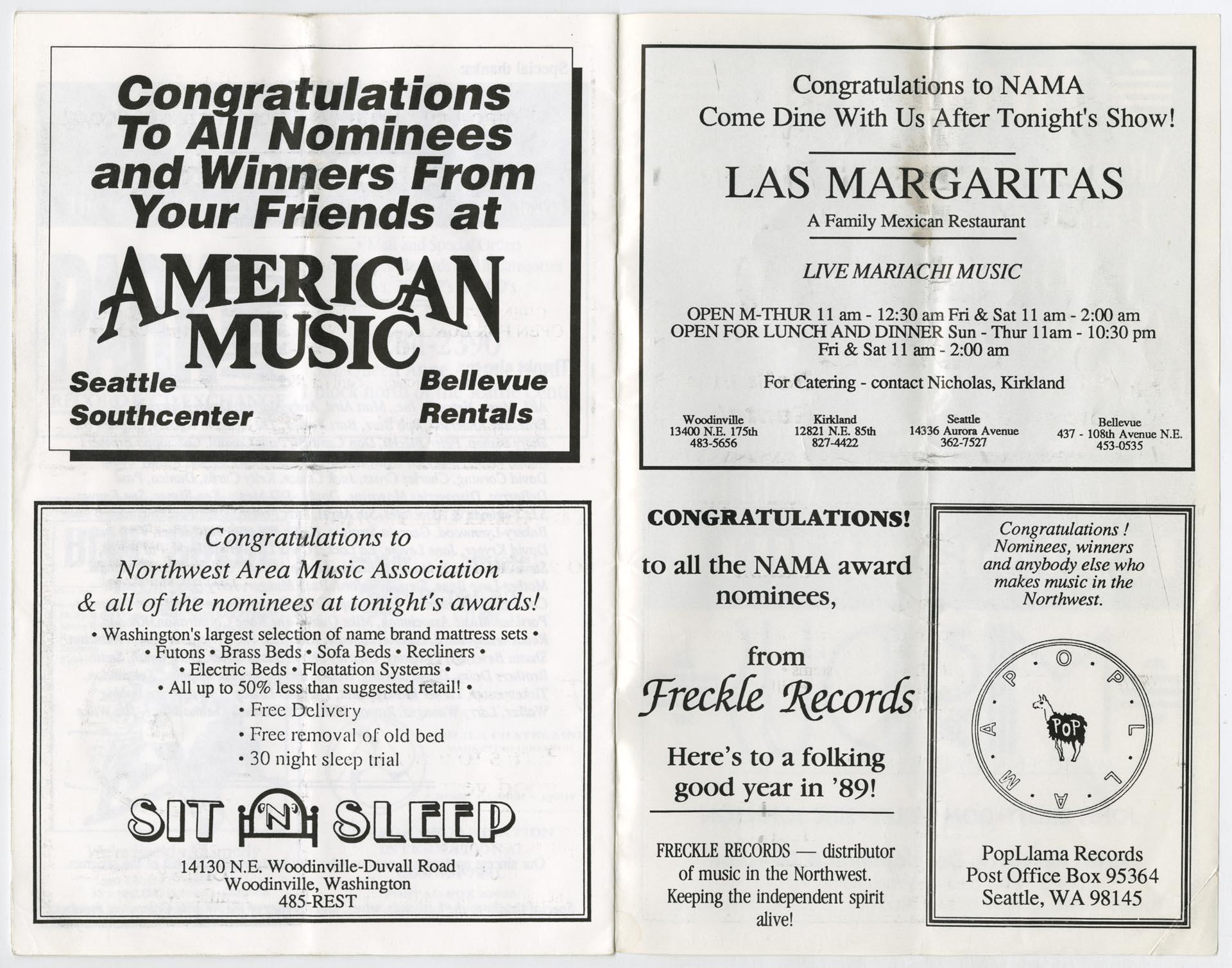 Image of Northwest Area Music Awards program, April 1989