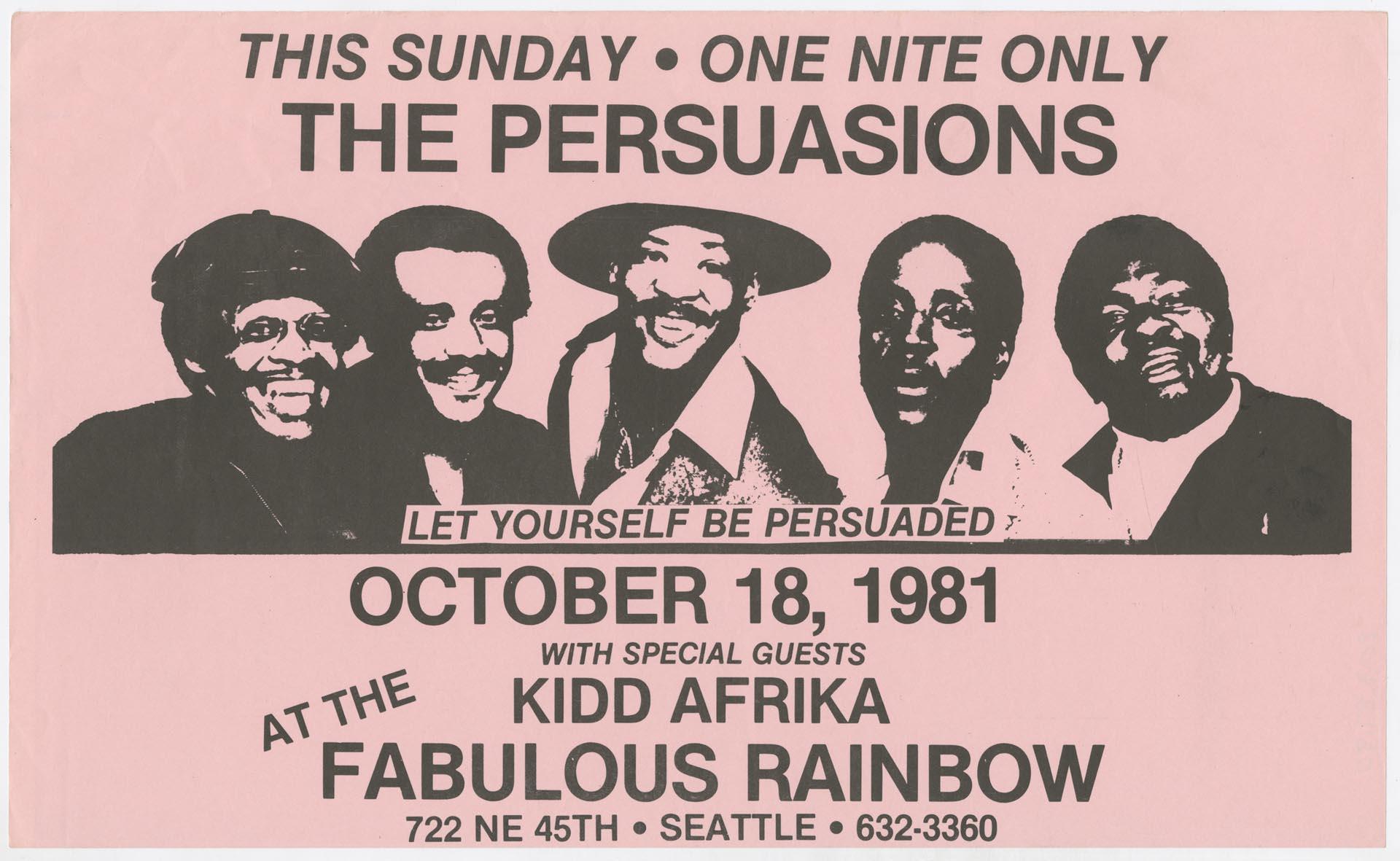 Image of The Persuasions and Kidd Afrika concert poster, October 18, 1981
