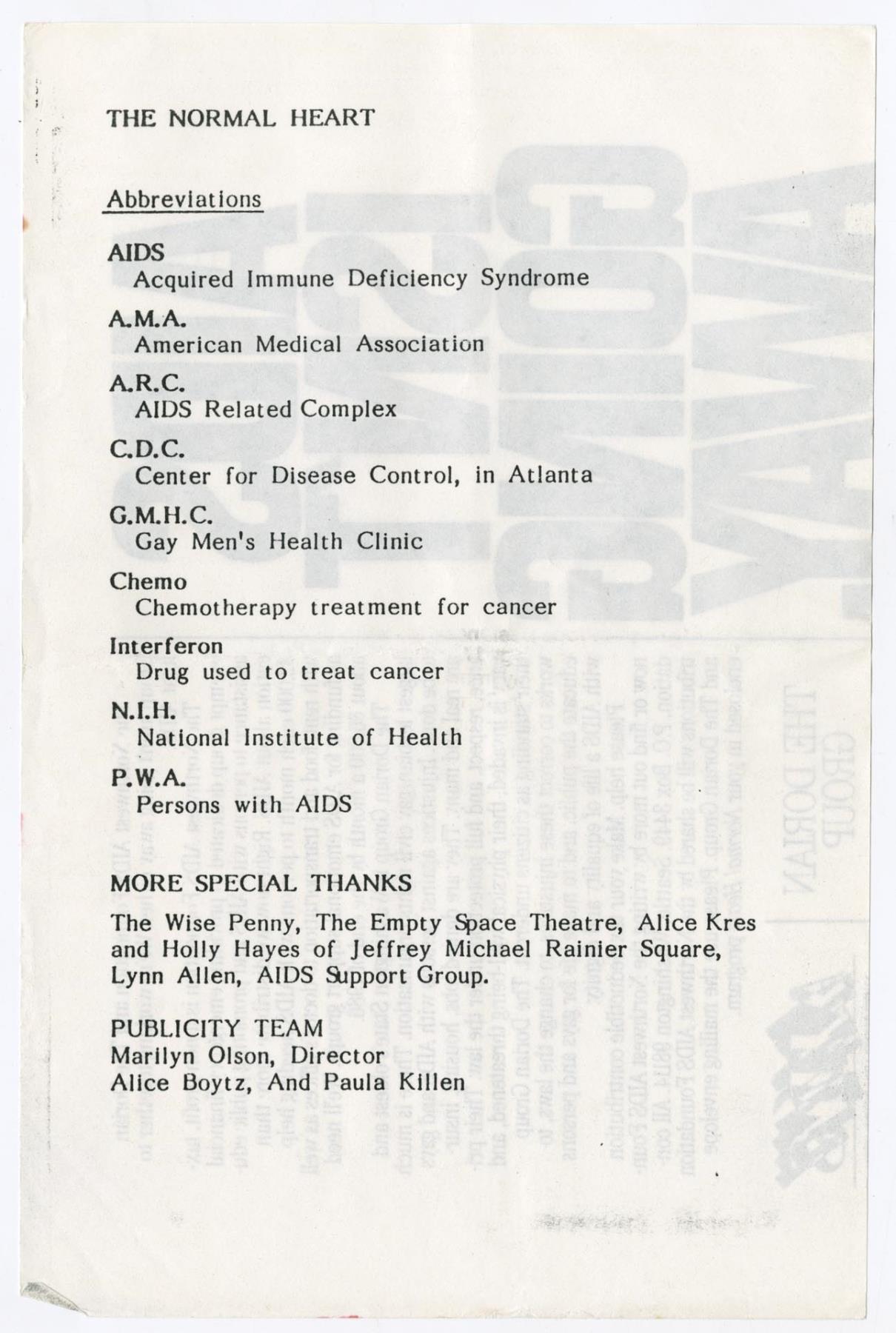 Image of The Normal Heart program, 1986