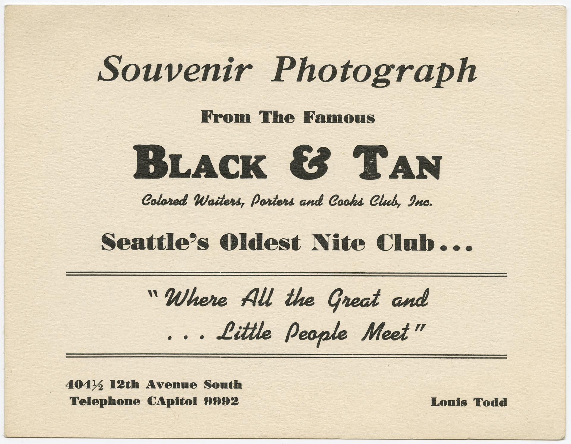 Image of Souvenir photo folder from the  Black & Tan Club, Seattle, circa 1945