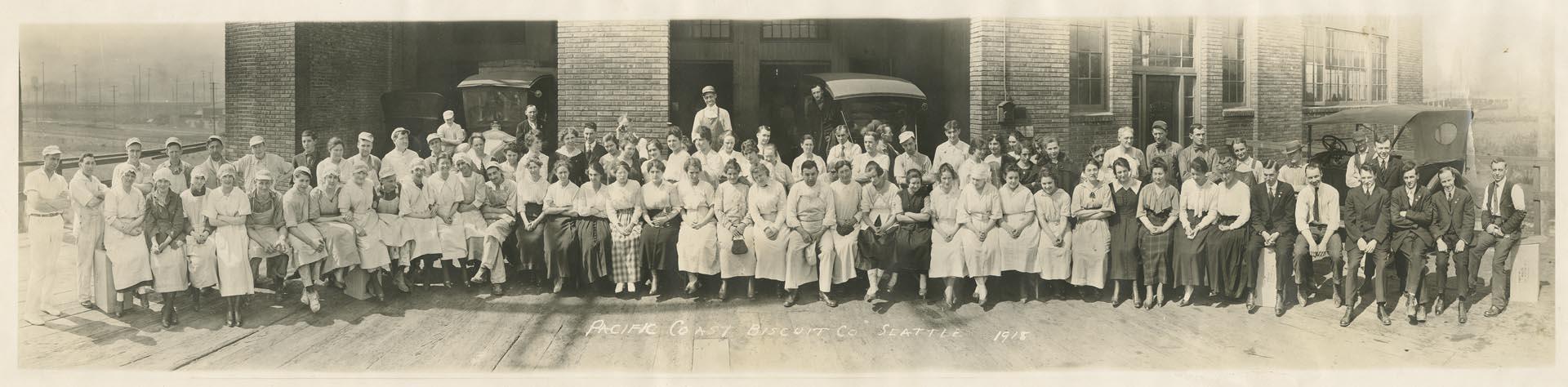 Image of Pacific Coast Biscuit Co. employees outside factory, Seattle, 1918
