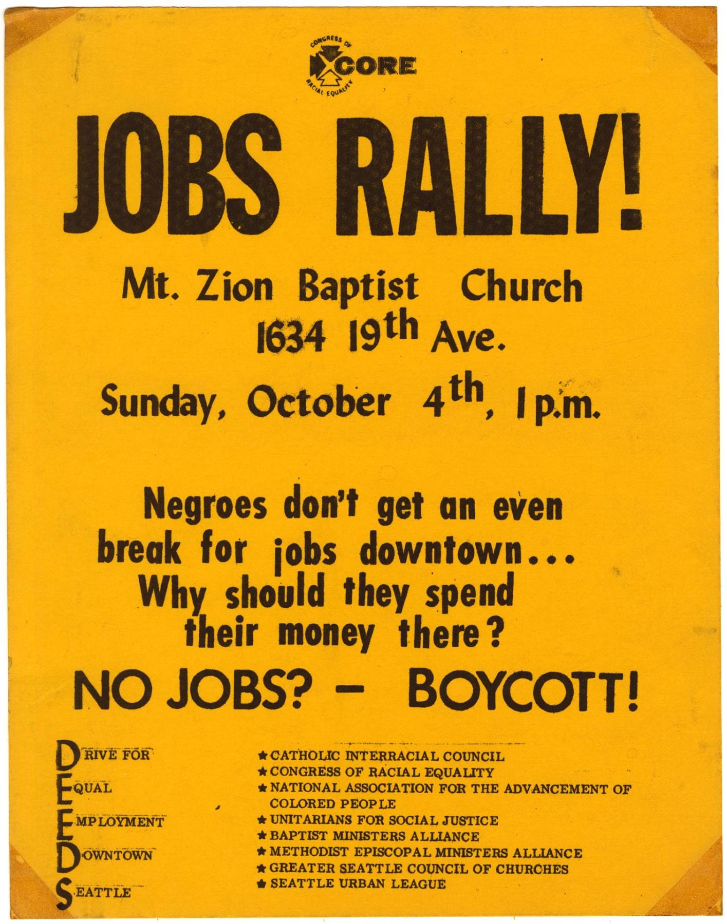 Image of CORE jobs rally poster, October 4, 1964