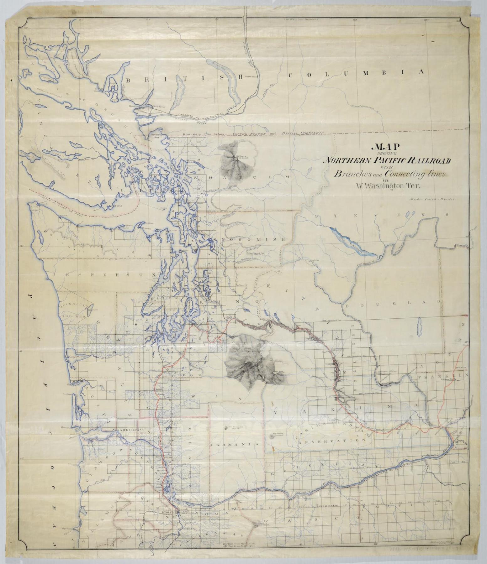 Image of Map Showing Northern Pacific Railroad with Branches and Connecting Lines in Washington Ter., 1887