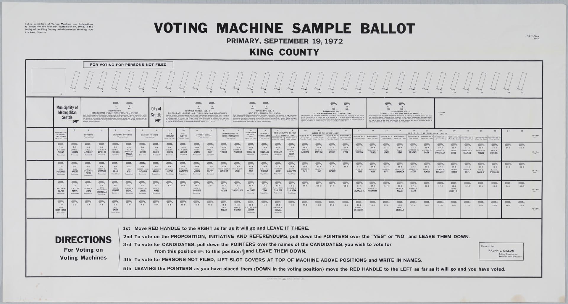 Image of Voting Machine Sample Ballot, King County, September 19, 1972
